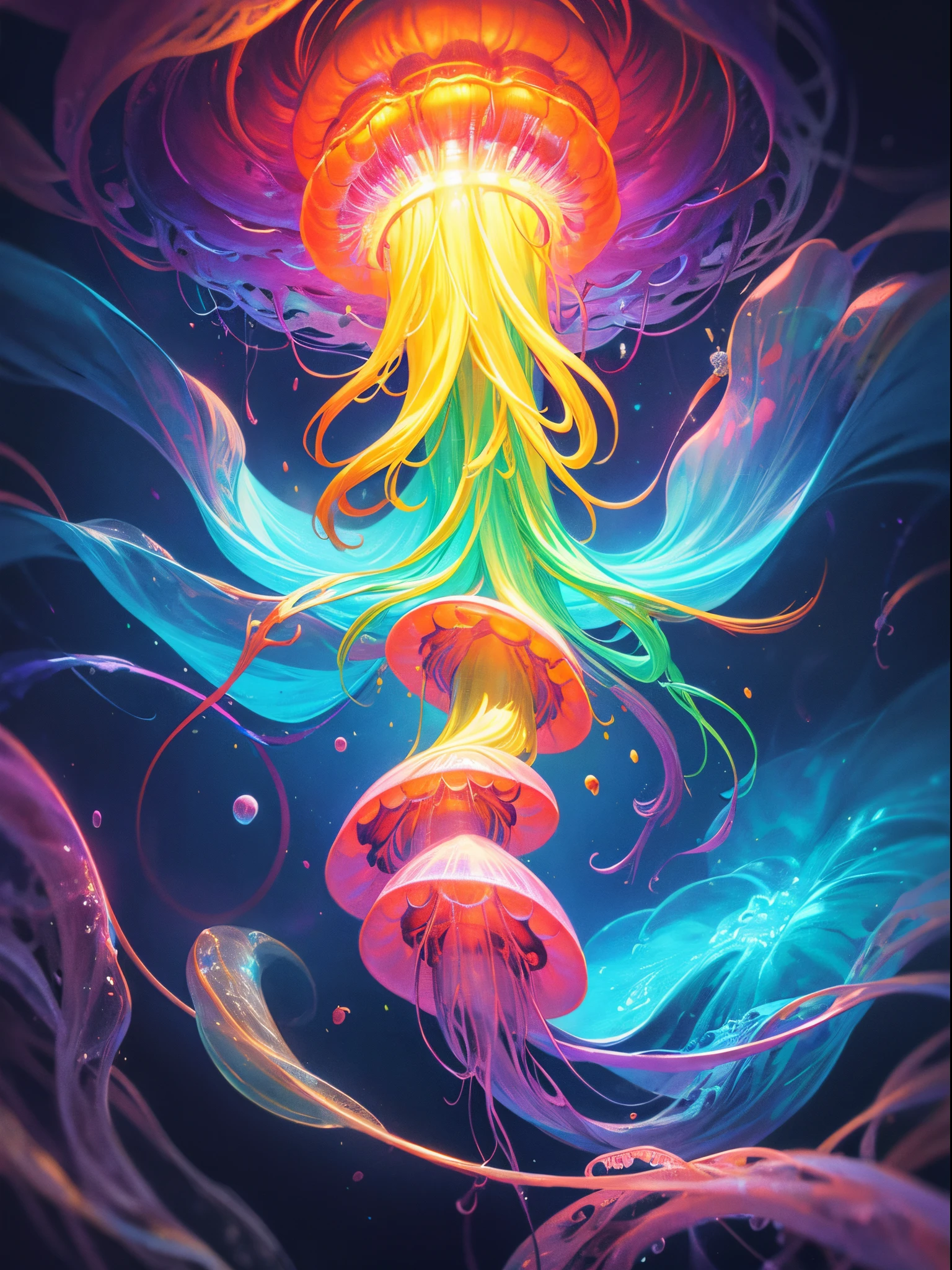 Jellyfish, colorful vibrant, cosmic hand drawing, polished, ominous, flickering light, photorealistic, matte painting, realism, concept art, fantasy art, hyper detailed, matte painting, hyperrealism, cinema 4d