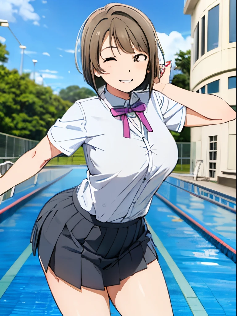 , girl with, School Uniforms,slightly larger udder,Narrow waist, Hairstyle is a bob cut, Poolside background,Smiling face,full bodyesbian,A pose that says “come here”