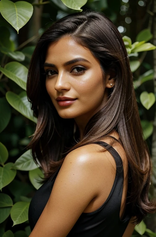 Create an ultra-realistic image of Marina, a modern, attractive female influencer of Indian descent, aged around 40. Marina should have a warm and inviting smile, expressive almond-shaped eyes with a slight shimmer, and clear, glowing skin with a medium brown complexion. Her features should be well-defined, with high cheekbones and a sharp jawline.

In this image, Marina should be wearing a fitted, sleeveless green dress with a high slit, identical to the one in the provided image. Her hairstyle should be long, straight, and flowing over her shoulders. Ensure her bust size is slightly larger than the model in the reference image while maintaining an elegant and natural look.

Marina should be posing in the same way as the model, with her back slightly turned and looking over her shoulder. The background should be an urban alleyway with similar lighting and setting as depicted in the reference image. The overall appearance should exude confidence, approachability, and sophistication, capturing the essence of a contemporary Indian fashion influencer.