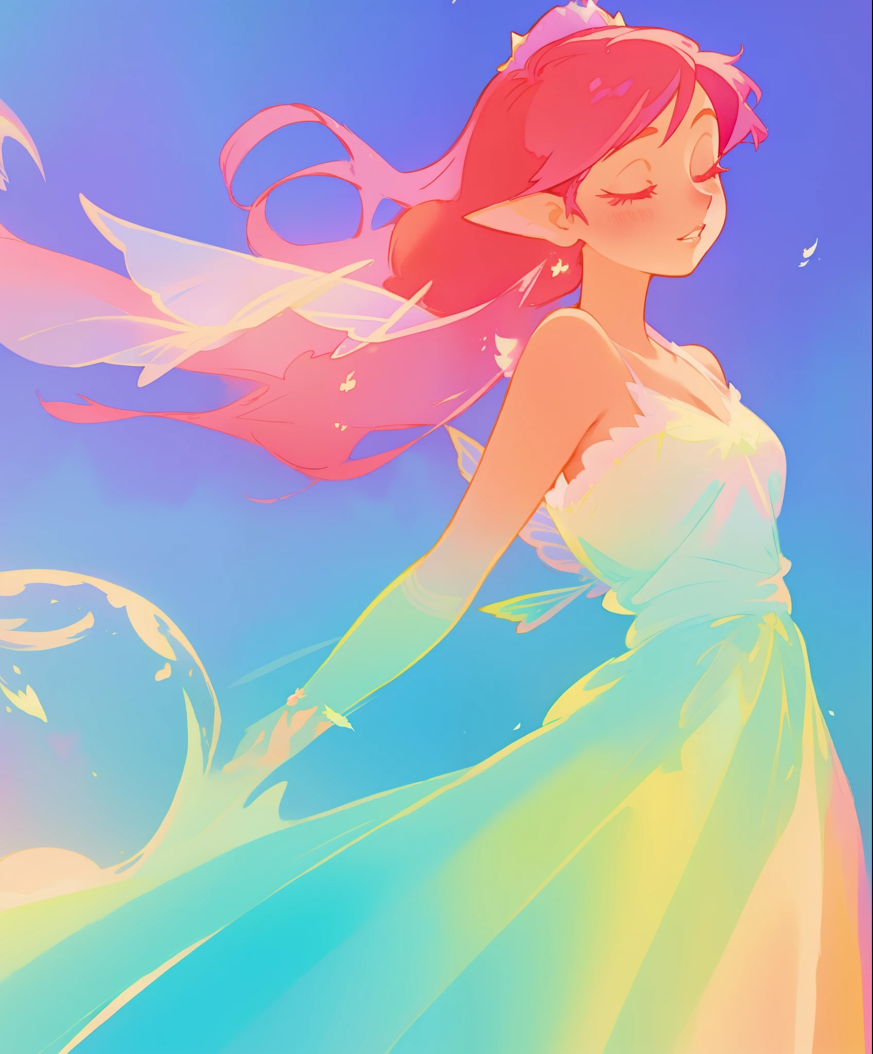 beautiful fairy girl in colorful gradient princess ballgown, fairy wings, fairy princess, long flowing red pink hair, colorful fantasia background, watercolor illustration, disney art style, beautiful digital illustration, beautiful, masterpiece, best quality, anime disney style, beautiful face