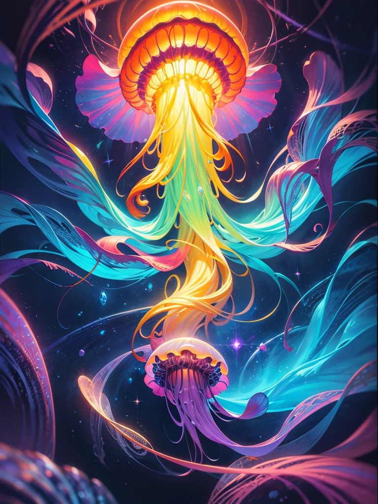 Jellyfish, colorful vibrant, cosmic hand drawing, polished, ominous, flickering light, photorealistic, matte painting, realism, concept art, fantasy art, hyper detailed, matte painting, hyperrealism, cinema 4d hand drawing black and white