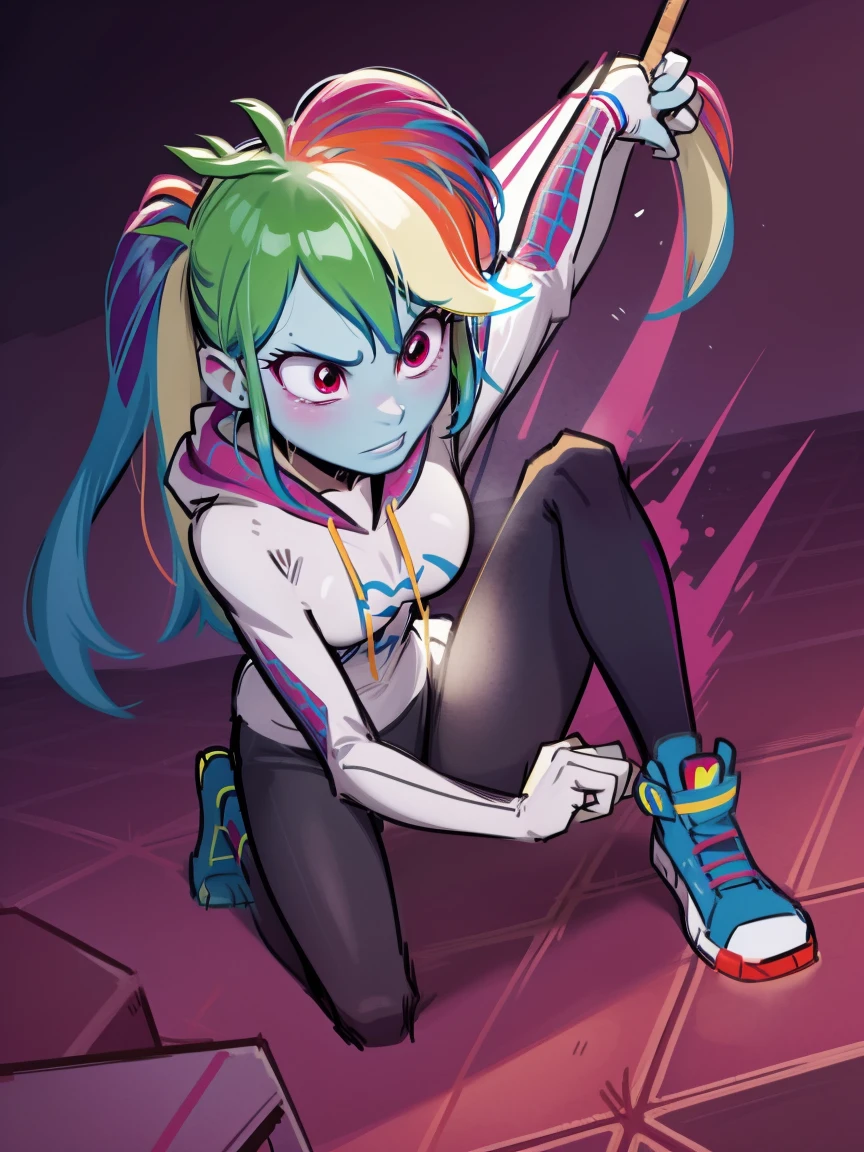 Rainbow Dash wearing spidergwen costume, spidergwen costume, Ranbow dash, spidergwen costume, blue skin, rainbow hair, hooded bodysui