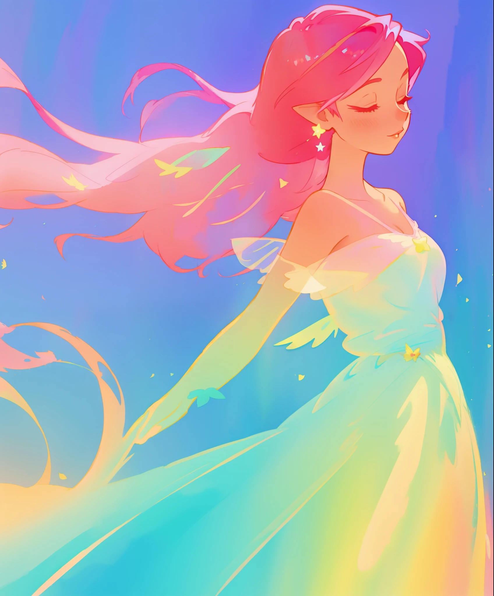 beautiful fairy girl in colorful gradient princess ballgown, fairy wings, fairy princess, long flowing red pink hair, colorful fantasia background, watercolor illustration, disney art style, beautiful digital illustration, beautiful, masterpiece, best quality, anime disney style, beautiful face