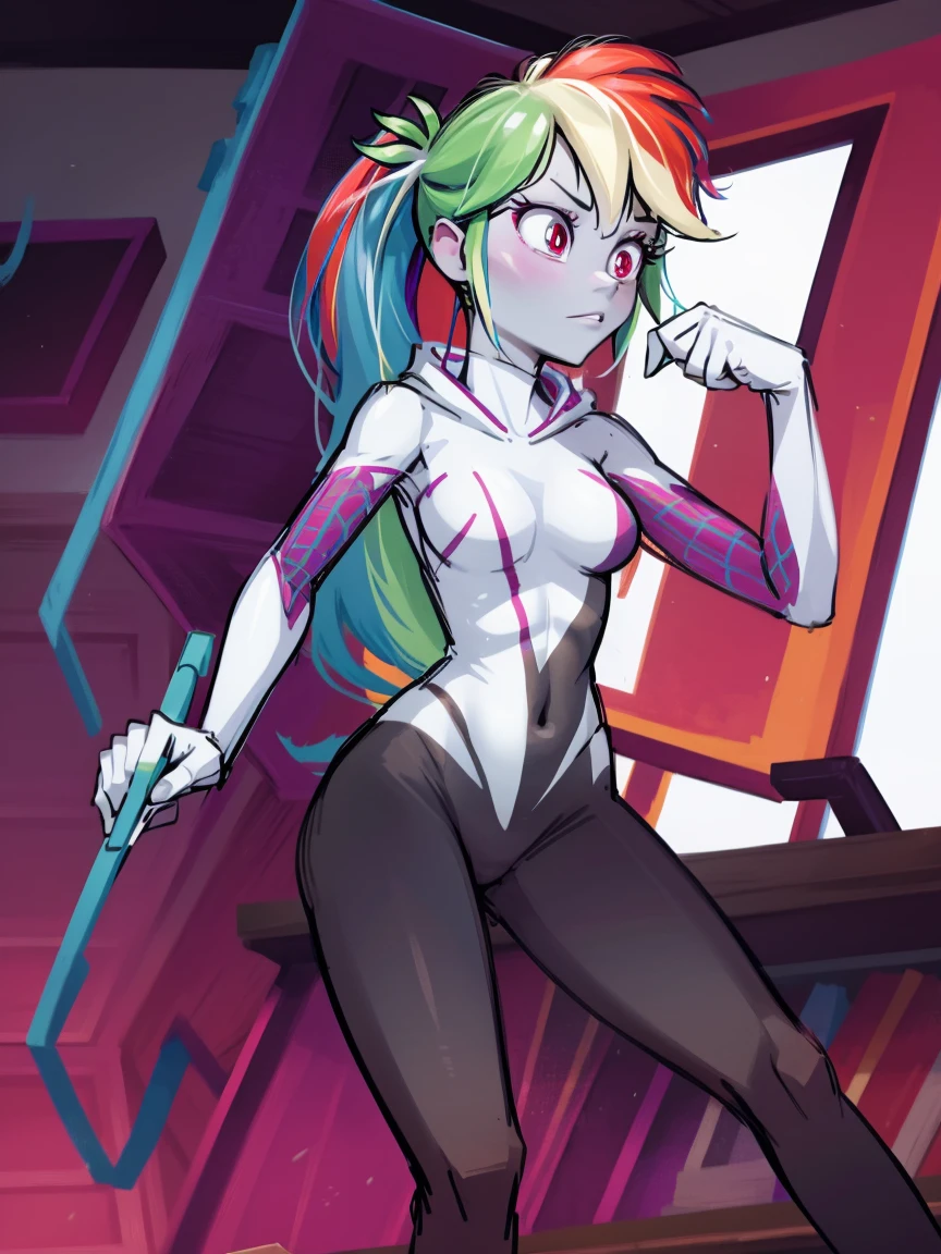 Rainbow Dash wearing spidergwen costume, spidergwen costume, Ranbow dash, spidergwen costume, blue skin, rainbow hair, hooded bodysuit