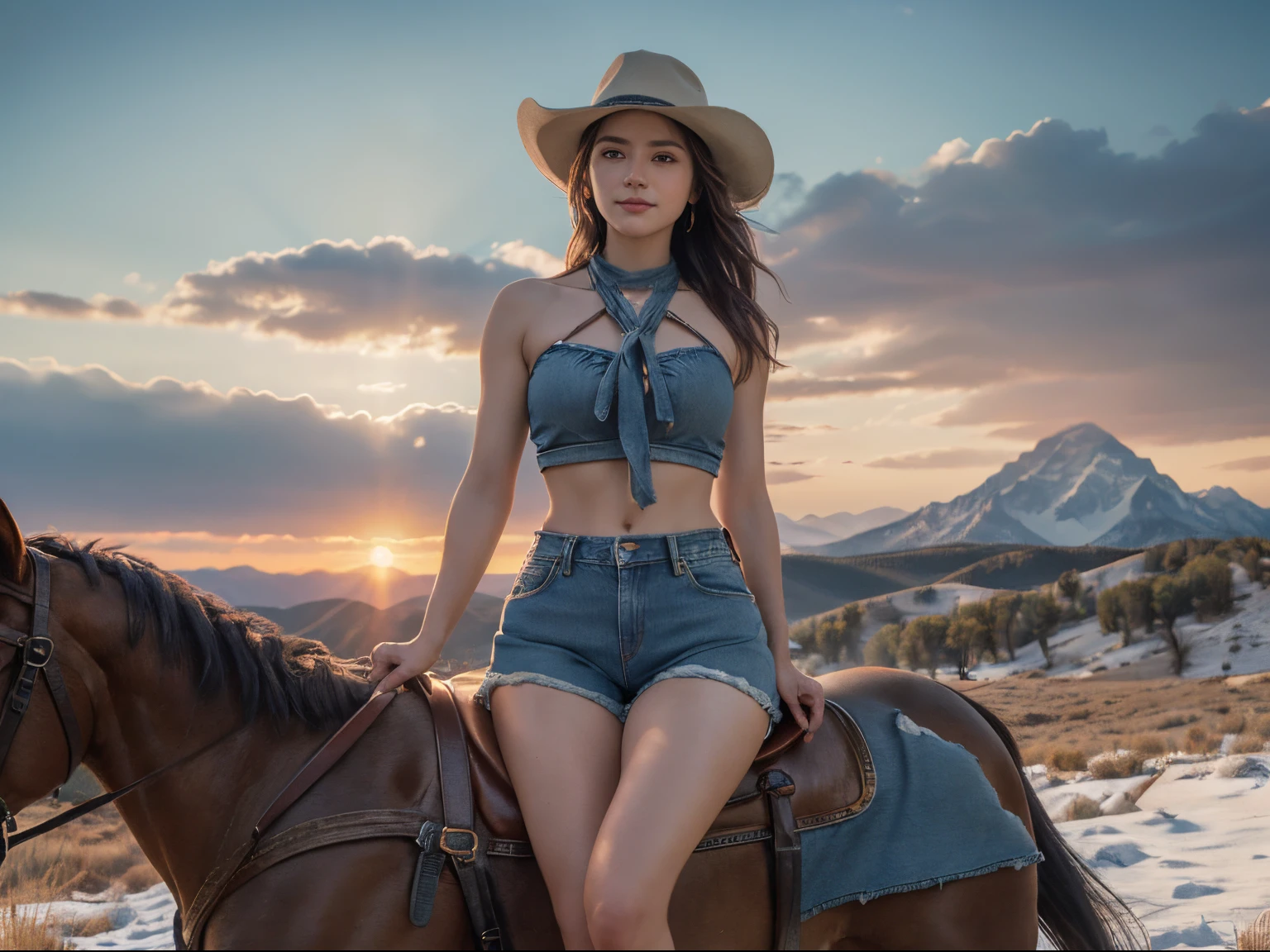 Full shot, full body portrait, beautiful woman, smiling coyly, aged25, riding a horse across golden Wyoming grasslands, wearing (((denim shorts))) and (halter top), no hat, long flowing hair, beautiful tanned legs, 8 k lighting, sunset sky, snow-capped mountains in the distance, 4k extremely photorealistic, uhd 4k highly detailed, ((ethereal lighting, ultra-high res.photorealistic:.1.4, (high detailed skin:1.2), 8k uhd, dslr, high quality, film grain, Fujifilm XT3,(masterpiece) (best quality) (detailed) (cinematic lighting) (sharp focus) (intricate)