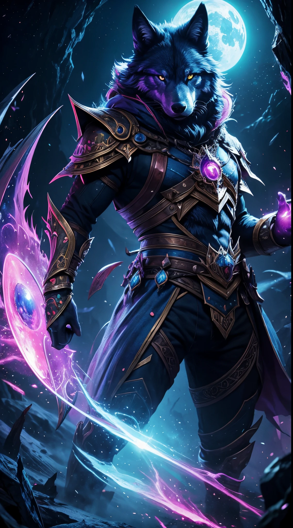 create an fantasy image of a fearsome cosmic wolf of vivid colors and magical elements