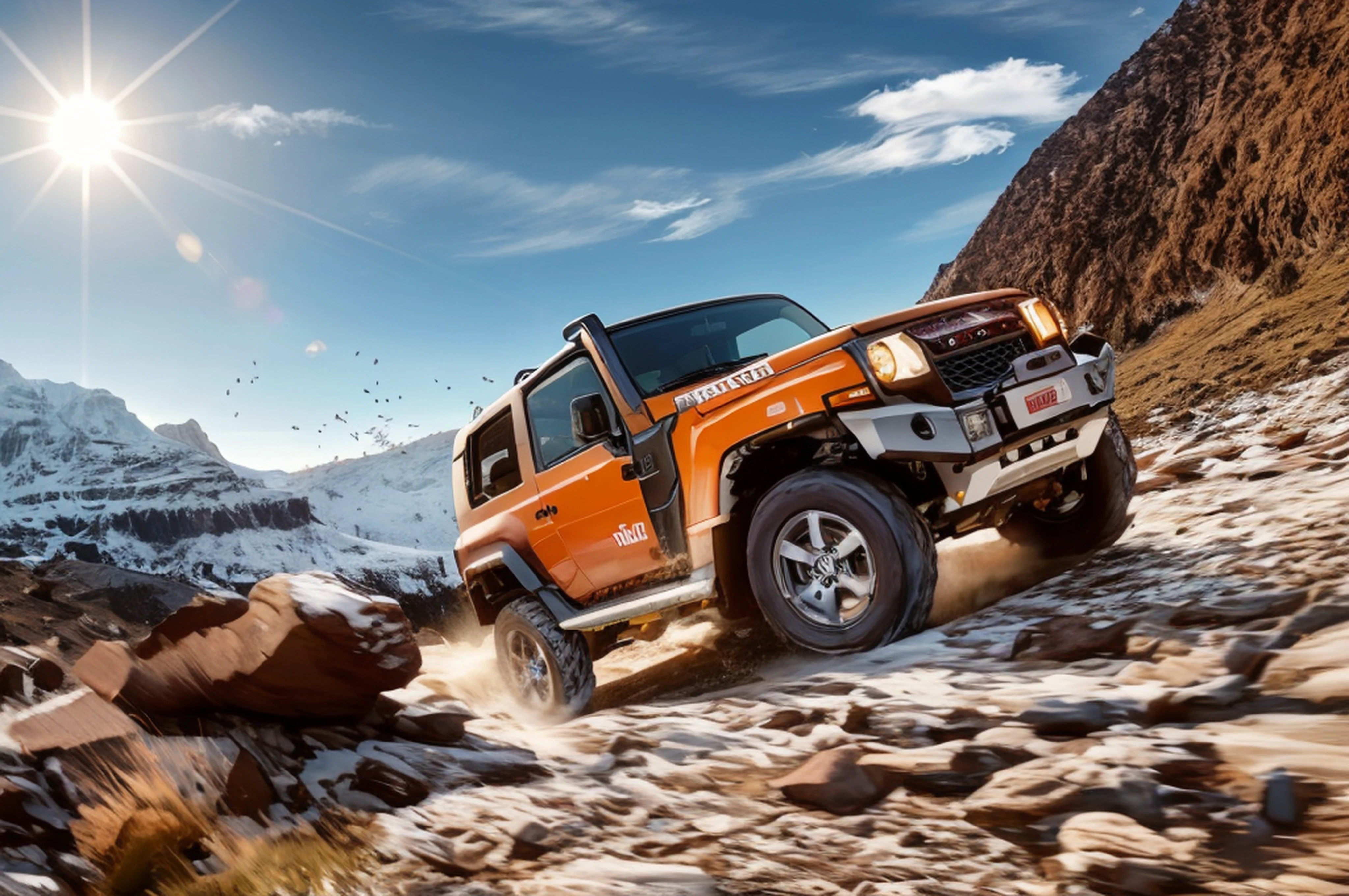 (Best quality:1.4)(Best Picture Quality:1.4)(ultra clear details:1.4)( photo:1.2)Vehicle driving on rocky road in mountains, vehicle photography, off-roading, off-roading, shooting, caramel. rugged, Mahindra Valley, vfx, exploration, automotive photography, adventure hyper realistic render, hyper realisitc,and the sun was shining brightly,horizon,