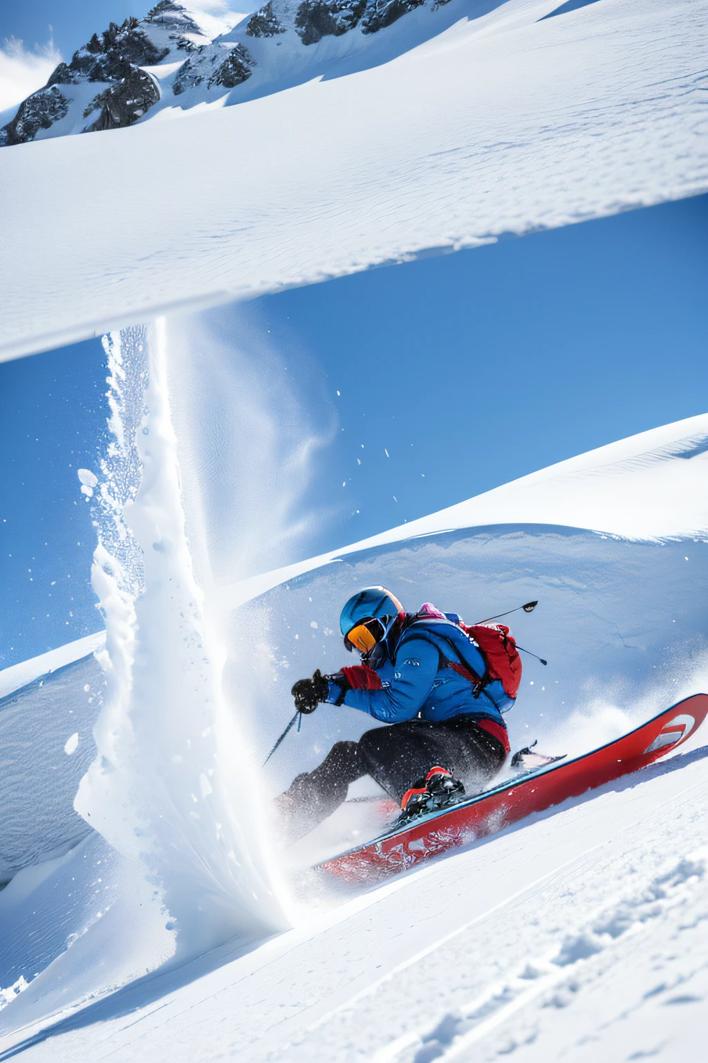 blue-sky,snow mountainull set of outdoor equipment for skiing,Dynamic side close-up,Snow poles lift snow from the ground,4K