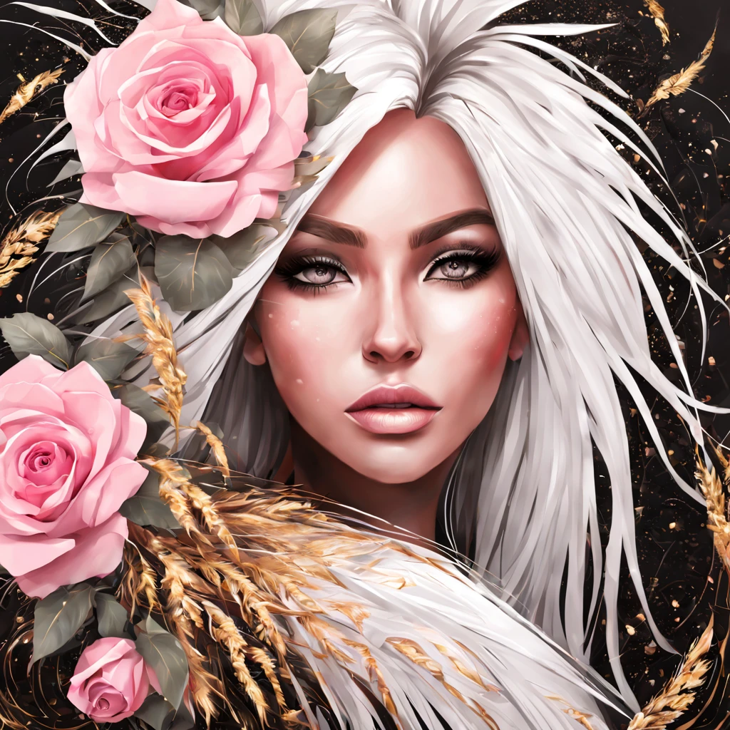 Beautiful girl, long hair, pink roses, pampas grass, abstract, floral, fantasy, beautiful, african style, realistic, black, white, golden fibers, drops, swirls, rhombuses, sparks, octane, brightly, a closeup of a