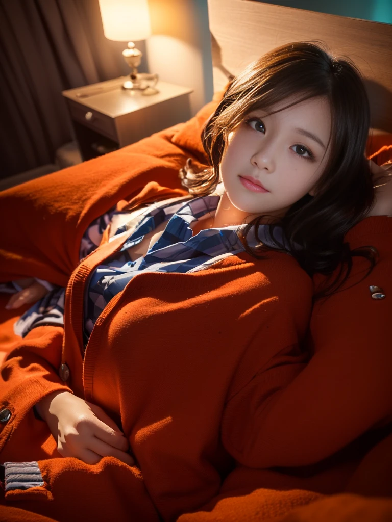 (in 8K、Raw photography, top-quality, hight resolution:1.2)、(realisitic、photoRealstic:1.5)、1 girl, cute girl, ((20 years old))、japanese, solo, ((Beautiful girl lying in bed sleeping)), ((back)), ((back camera)), ((School Uniforms, red checked skirt)), ((less mole)), ((short hair)), ((wavy hair)), detailed face, detailed body, Cute and very detailed eyes, ((room at night)), ((dark light)), dark ilumination, (blue colour shade), (cool lighting), (lying on your back on bed), Depiction from the back、Sleep with your butt turned、
