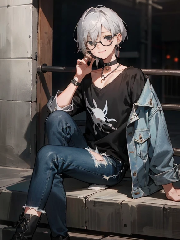 (Male child, eye glasses,A smile, silber hair),(((masterpiece)))、(((top-quality)))、((ultra-definition))、(High Definition CG Illustration)、((extremely delicate and beautiful)),(masterpiece:1.2、top-quality), report, The upper part of the body, The hair:buzzcut, garments:Oversized distressed denim jacket with patches and pins、paired with black skinny jeans and combat boots、 accessory:Silver Hoop Earrings and Black Choker Necklace, Hang out at underground music venues and street art exhibitions