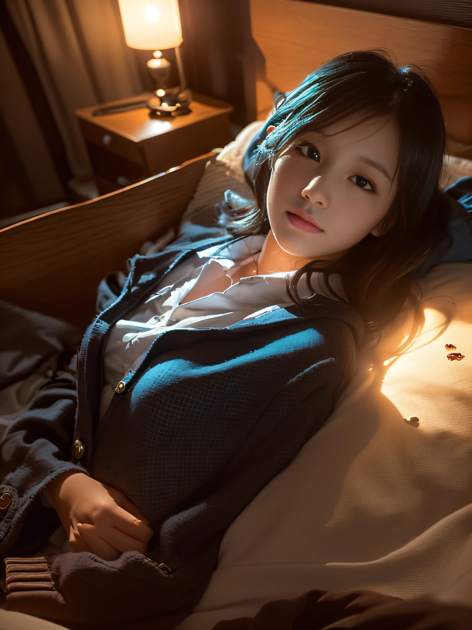 (in 8K、Raw photography, top-quality, hight resolution:1.2)、(realisitic、photoRealstic:1.5)、1 girl, Cute Girl, ((20 years old))、Japanese, Solo, ((Beautiful girl sleeping lying on the bed)), ((Back)), ((Camera)), ((School Uniforms, Red checked skirt)), ((fewer moles)), ((Short hair)), ((Wavy Hair)), Detailed face, Detailed body, Cute and very detailed eyes, ((room at night)), ((Dark light)), dark ilumination, (blue hue), (Cool lighting), (Lying on your back on the bed), Depiction from the back、Sleep with your butt turned、