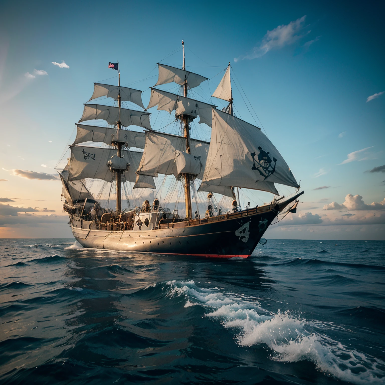 Submarine drifting ,Pirate sailboat backdrop In the smooth sea