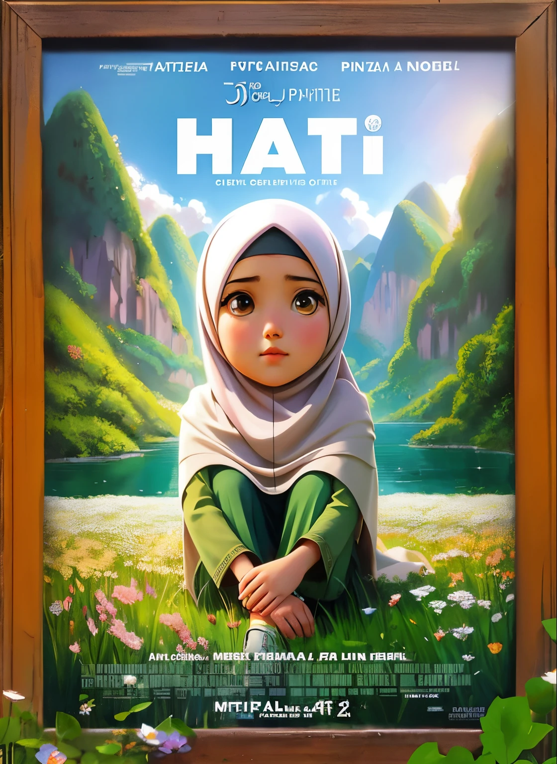 a poster of a young girl sitting in a field of flowers, movie poster character, realism artstyle, official poster, a poster, potrait, digital art!!, inspired by Fathi Hassan, close up potrait, inspired by Naza, hijab, poster illustration, art cover, full protrait, realism art, hyperrealism artstyle, made in maya and photoshop