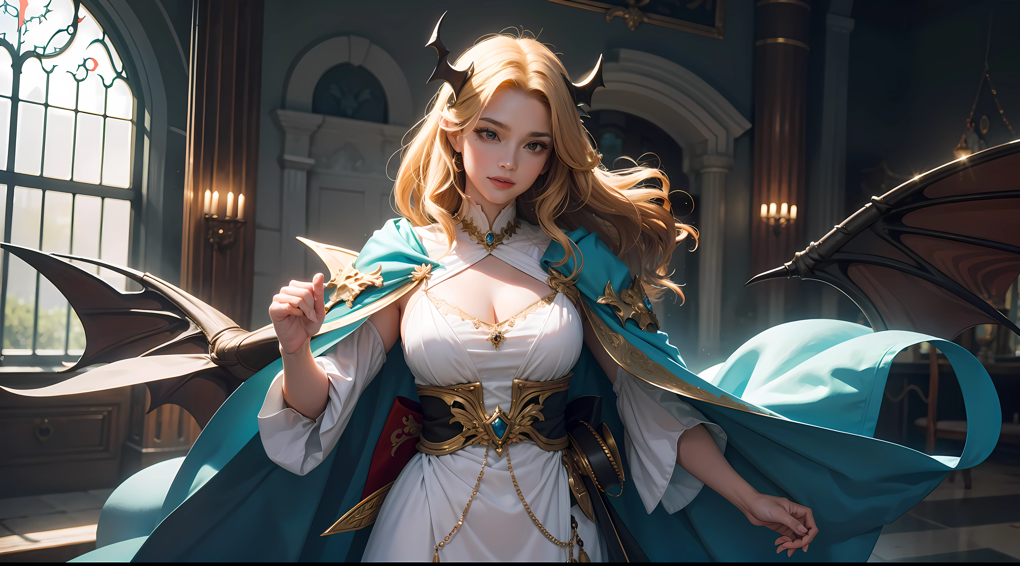 (8K,RAW photoest qualtiy,tmasterpiece:1.2),ultra - detailed,offcial art,photo-realistic:1.37,upperbody shots,Confident and mature woman,Dragon's horn,Bat wings,Large breastagnificent robe,complex patternagia,borgar,Natural hair,filmgrain,actionpose,rays of sunshine