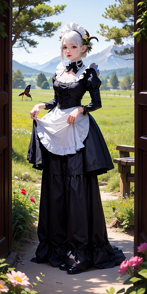 1 girl, oni girl, red skin, horns, white hair, white maid apron, maid headdress, maid skirt, (victorian maid dress), puffy sleeves, explorer, researcher, fascinated expression, full body portrait, outside, forest, mountains, butterflies, flowery meadow