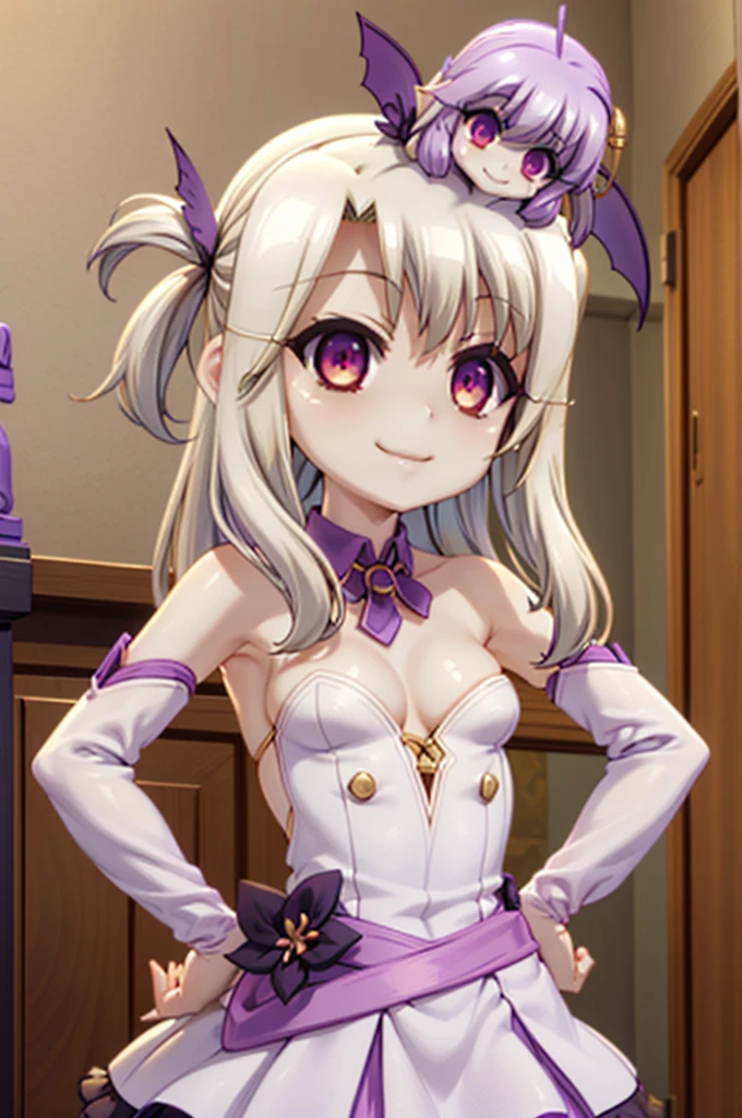 Illustration, 1girl, illyasviel von einzbern, unicorn (azur lane), {{{fusion}}}, {{{agglutination}}}, combination, (((mature female))), (((purpler hair))), (((antenna on the head))), (((purpler eyes))), (((standing))), (((hands on hips))), (((big breasts))), (((narrow shoulders))), (((narrow waist))), (((smile))), long hair, huge ass, hotel room, masterpiece, best qualityst, ((masterpiece)), ((best qualityst)), ((ultra detrailed)), upper body, {{{agglutination}}}, pose With hands on hips, (((look at the person's face))), (((face-to-face look))),