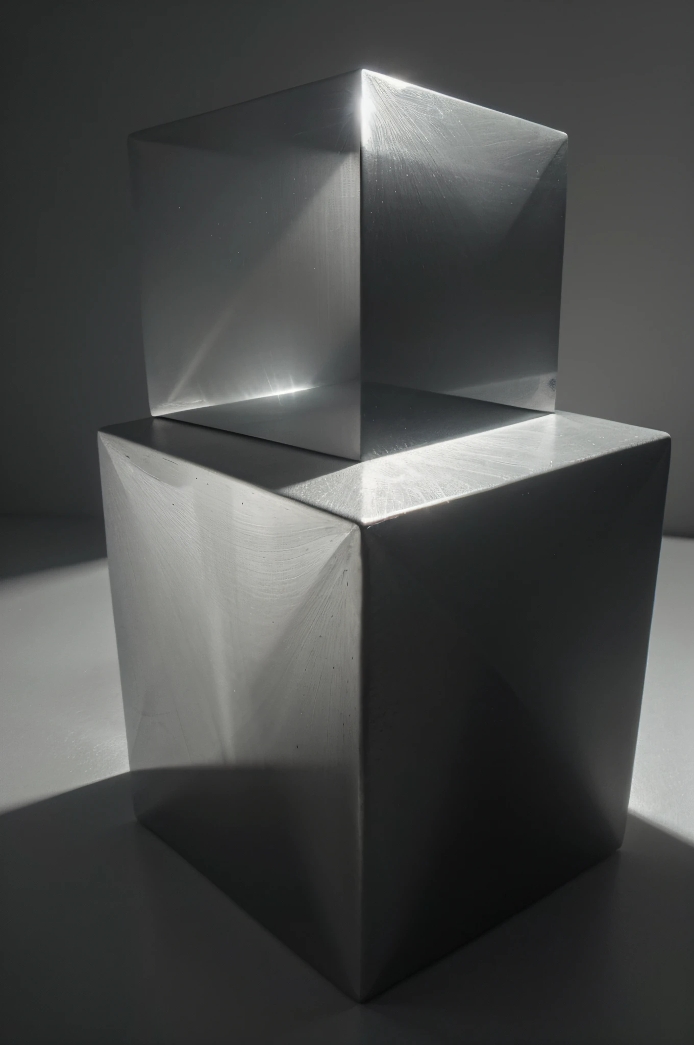 Photo of a silver cube in a minimalist style., minimalism in photography, silver cube on a dark background, gradient background, High-definition image, silver cube in the center of the photo, Maximum realism, the lighting of the silver cube creates a bizarre elongated shadow, Monochrome Photography, minimalism