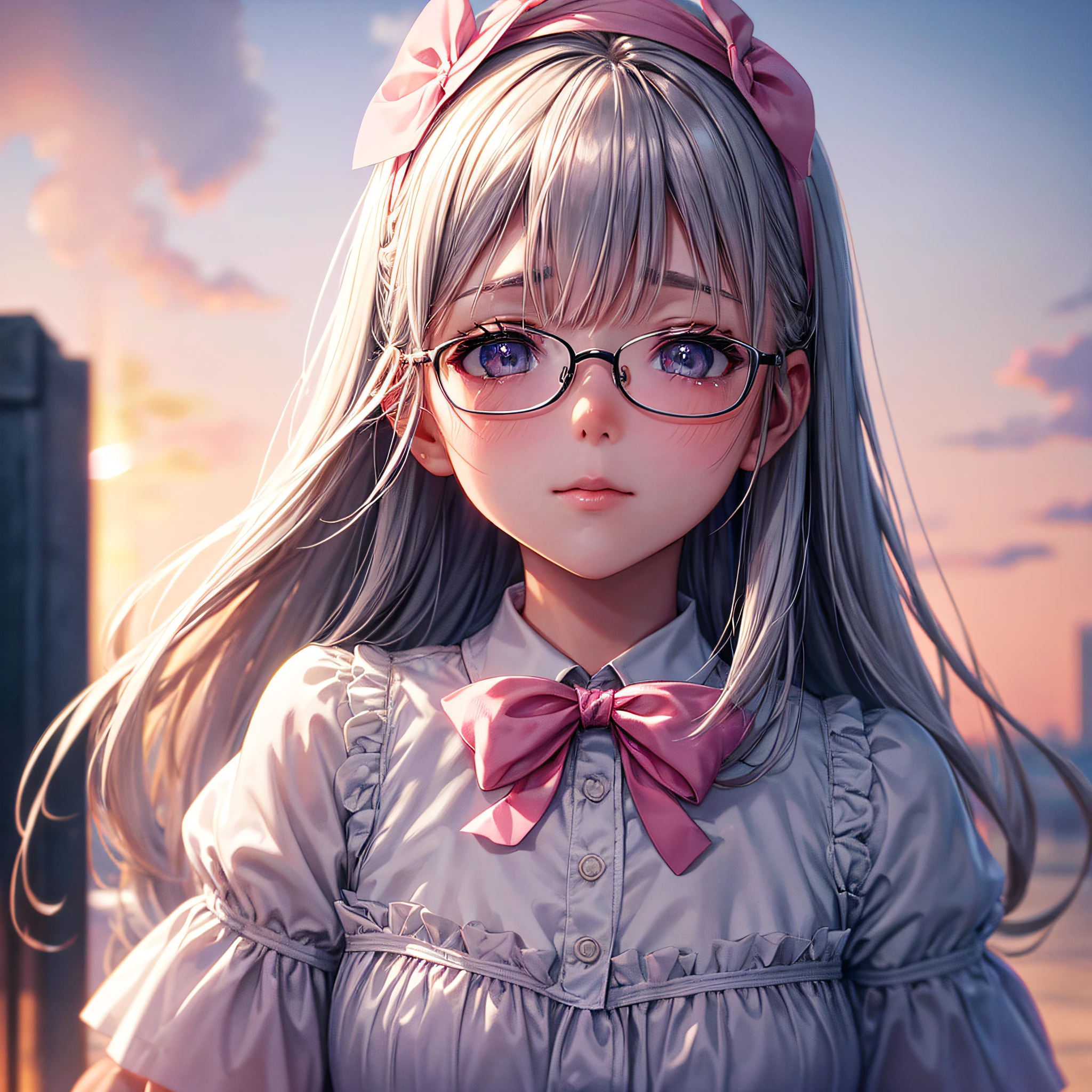 Magic Hour、sky and white clouds, back lighting、Wearing silver glasses, with blush cheeks, Moist eye net color hair, Wearing a pink bow headband, perfectquality, Clear focus (clutter - home: 0.8), (tmasterpiece: 1.2) (current: 1.2) (Bokeh) (best qualtiy) (Delicate skin: 1.3) (intricate-detail) (in 8K) (Detailed eye focus sharpening)
