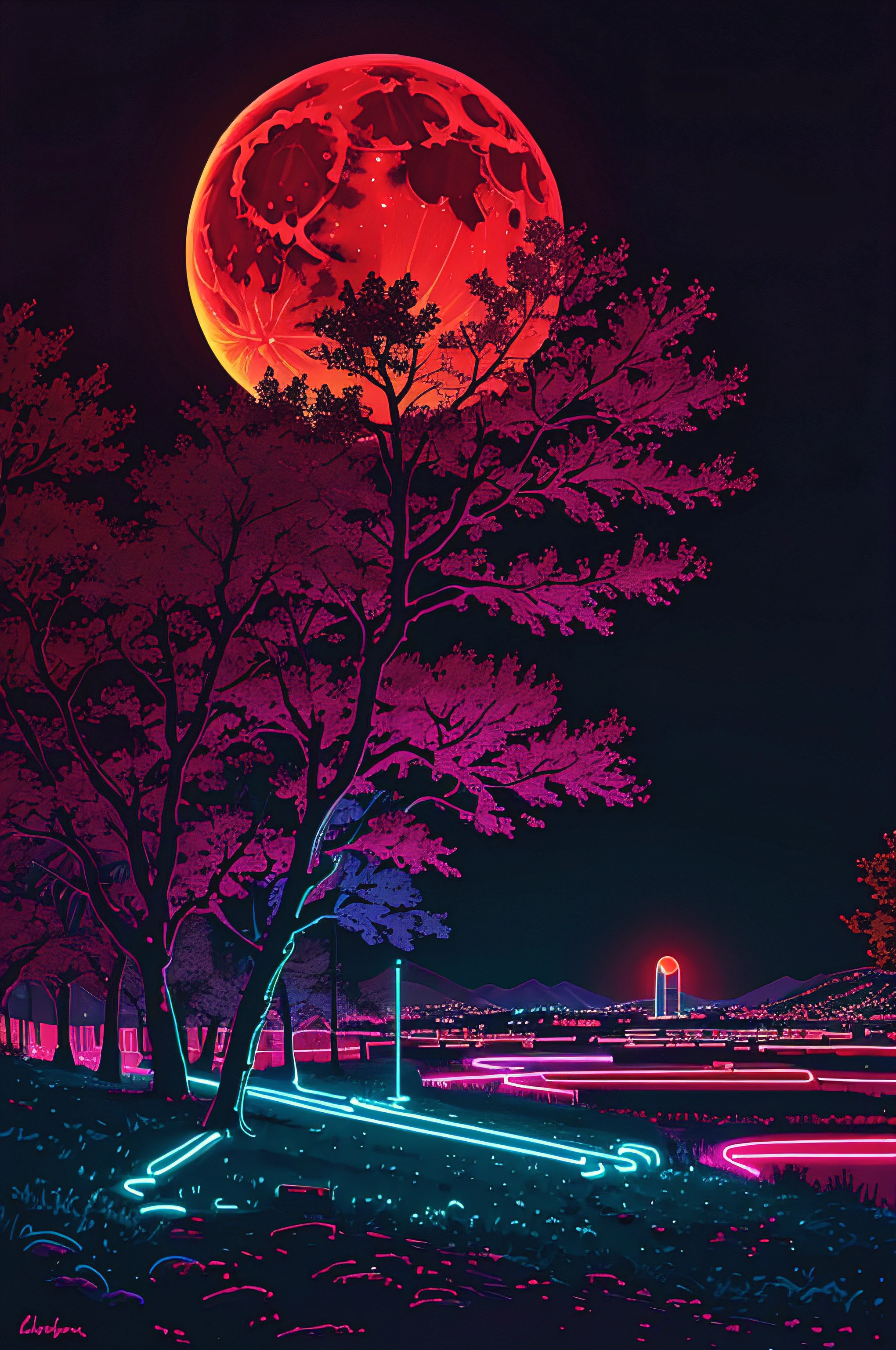 neon_outlines, landscape at night, bloodmoon, high saturation, vibrant colors