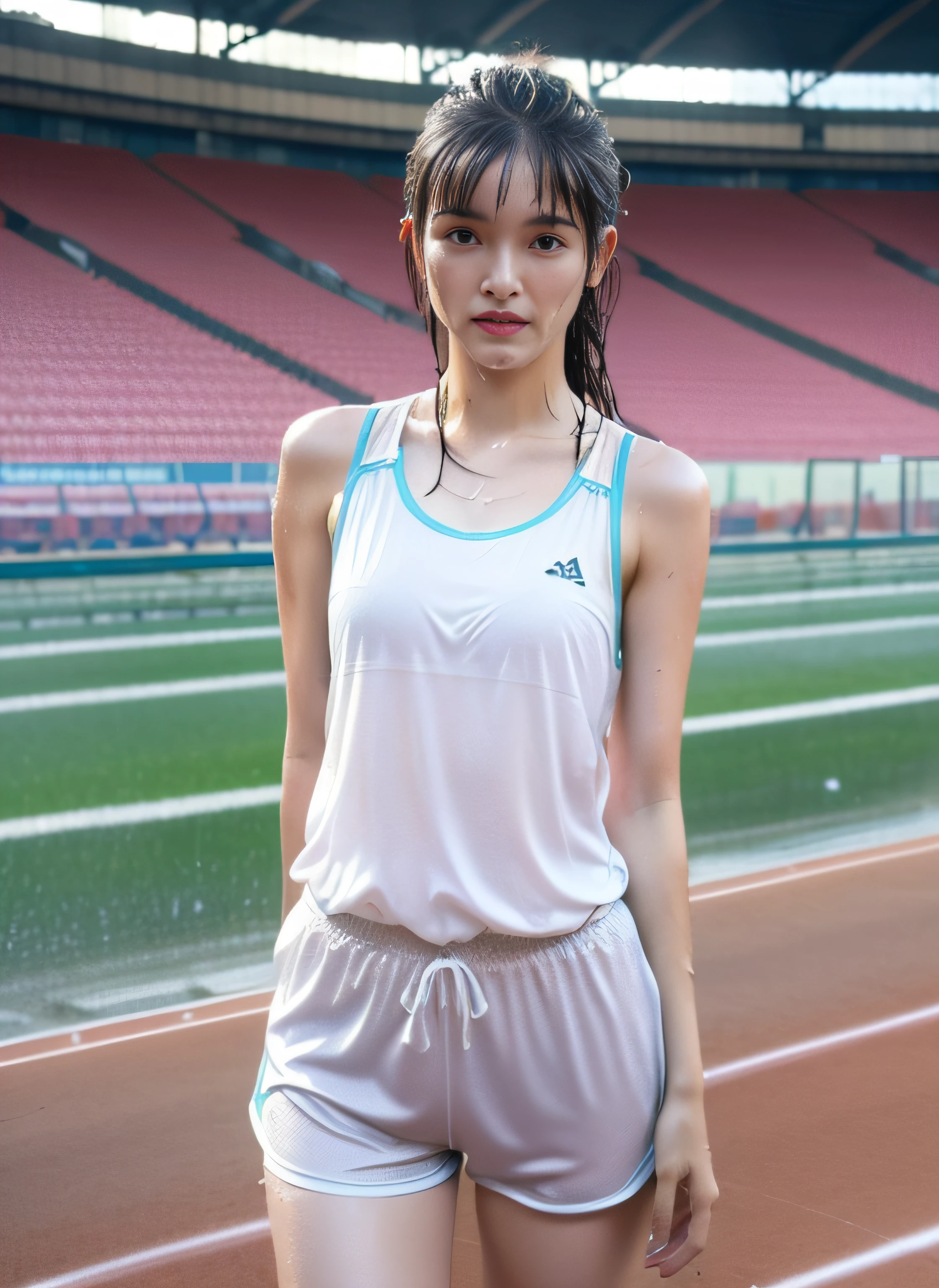 1 woman, 8k, RAW photo, (top quality, masterpiece, intricate detail: 1.4), (realistic, photorealistic: 1.3), (realistic: 1.hotorealistic, Japan female track and fielder, (rainy weather)), ((woman standing on the track in the stadium: 1.8)), (beauty like an actress in Japan), (heavy rain), (((thin track and field team tank top)) , (light-colored track and field team tank top), (rain-soaked and see-through skin tank top), track and field team tank top that sticks to the skin wet from rain, wet colored bloomers, (wet hair), (wet bangs), wet skin, (transparent nipple protrusions), 13 years old, (small face: 1.5), (nervous expression), light makeup, thin eyebrows, detailed and beautiful face, detailed eyes, (tear bags: 1.5), detailed fingers, detailed legs, detailed skin, medium breasts, shiny hair, shiny skin, wet and dripping hair, wet and dripping skin, wet and dripping tank top, (no bra), (no underwear)