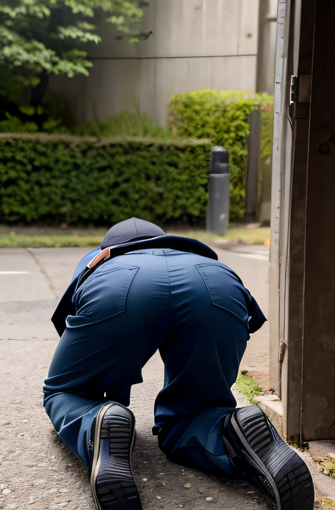  boy, 15 ear police uniform, shave head, wear cap, back view, look from below, no naked, wear uniform trousers belt gear gun boot, thigh, butt, open wide leg, back view, look from back below，Down on all fours，defeat, look from below, head on ground