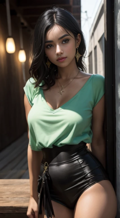 arab, dark skin,  woman, medium-small breasts, black hair, green eyes, west asian traditional clothes, fully clothed, detailed shadows, HDR, photoreal, photograph, 8k, best quality, , black eyeliner, lipstick, necklace, full body picture, indian background, scenic, sunset