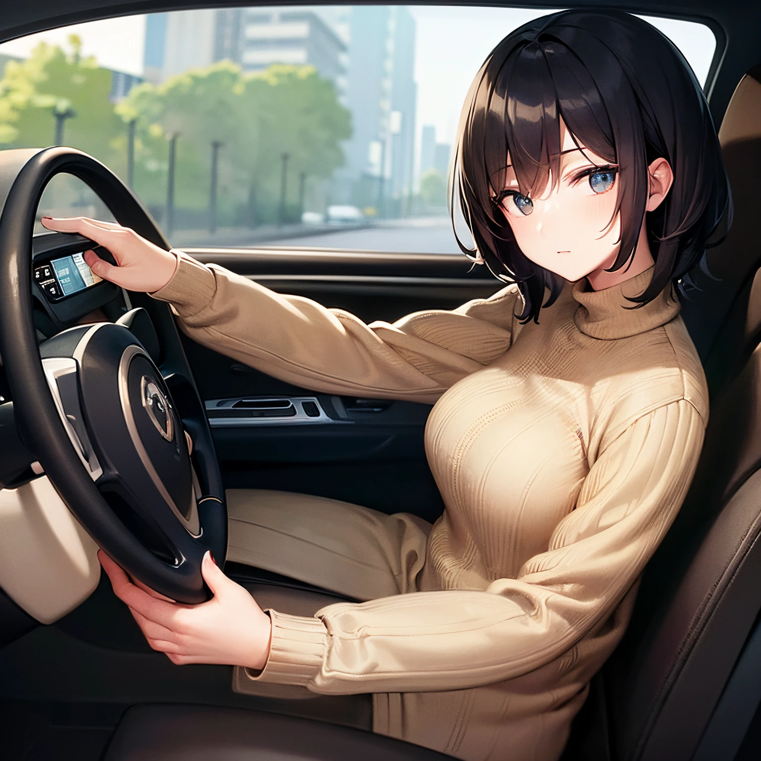 (masterpiece), (extremely intricate) illustration of someone driving a car, viewed from the front through the windshield. They are holding the steering wheel with a serious expression, black medium hair, and wearing a beige turtleneck sweater,