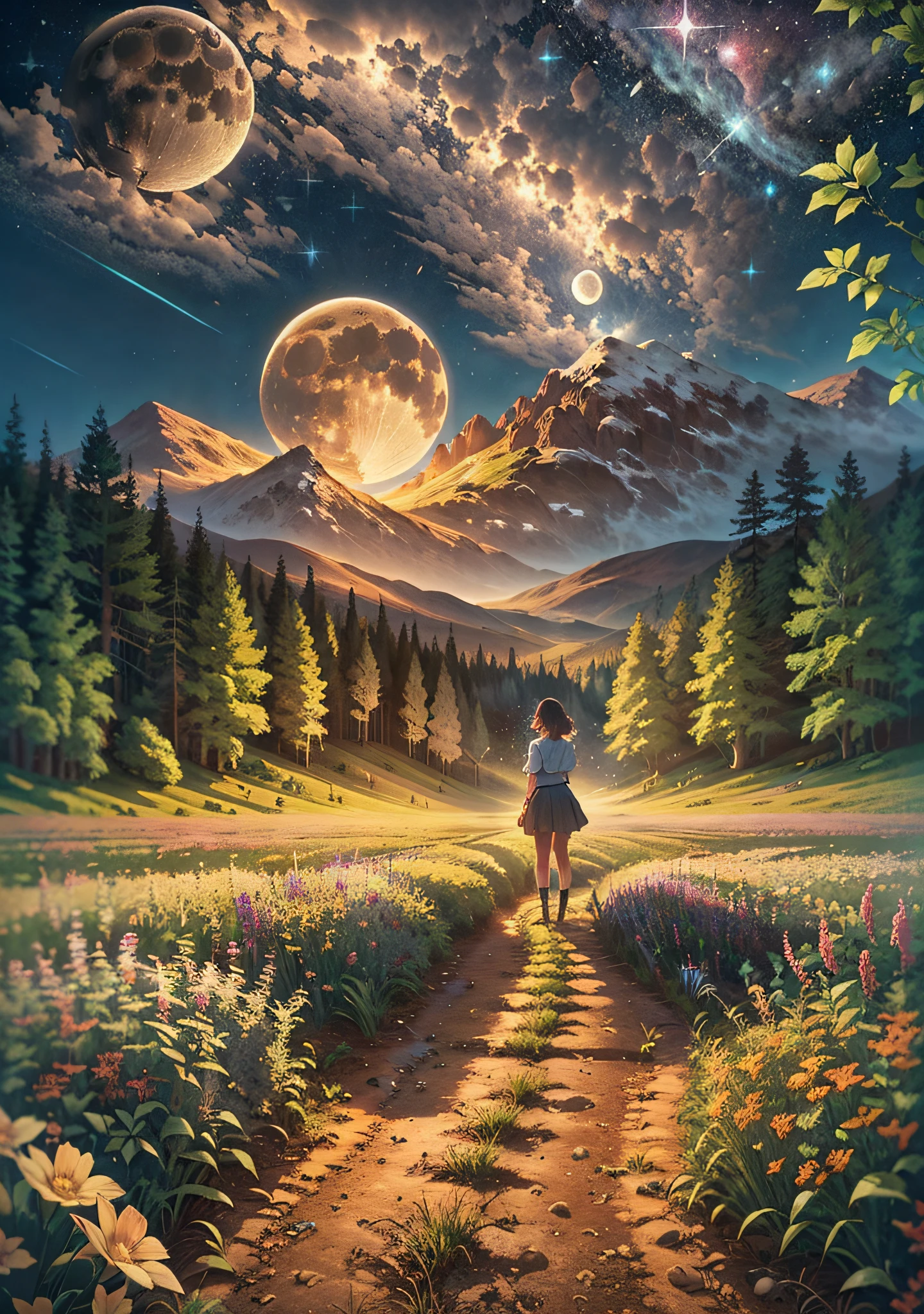 Expansive landscape photograph, (Look from the bottom up, Above the sky,Below are the open fields), a girl standing on flower field looking up, (moon full: 1.2), (meteors: 0.9), (Starcloud: 1.3), Far Mountain , Trees break the craft art, (warmly lit: 1.2), (glowworm: 1.2), Lamp light, lots of purples and oranges, Complicated details, Volumetriclighting, Realistic breakthrough (tmasterpiece: 1.2), (Best quality), 4K, ultra - detailed, (dynamic combination: 1.4), very detailed nipples, Colorful details, (Irridescent color: 1.2), (Luminous illumination, ambientlighting), like a dream, magical, (own: 1.2)