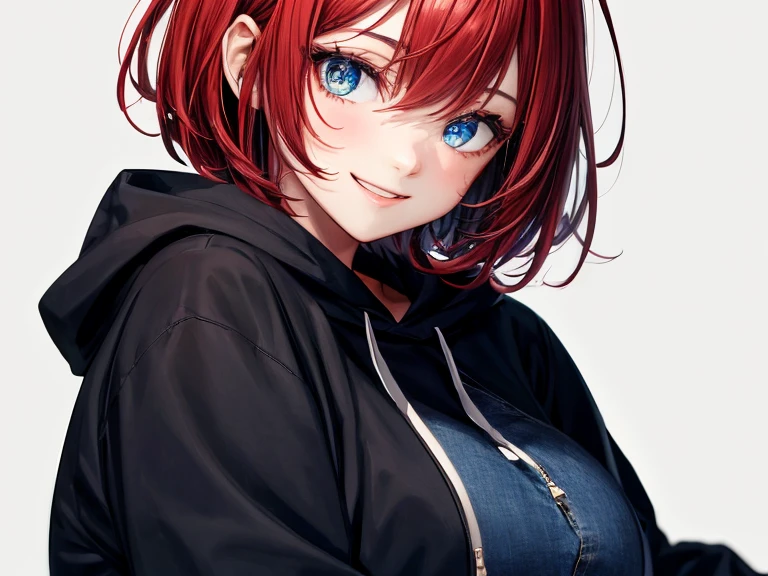 1 girl,curvy,short hair,bob cut,dark red hair,ligut blue eye,black hoodie,jeans,smile