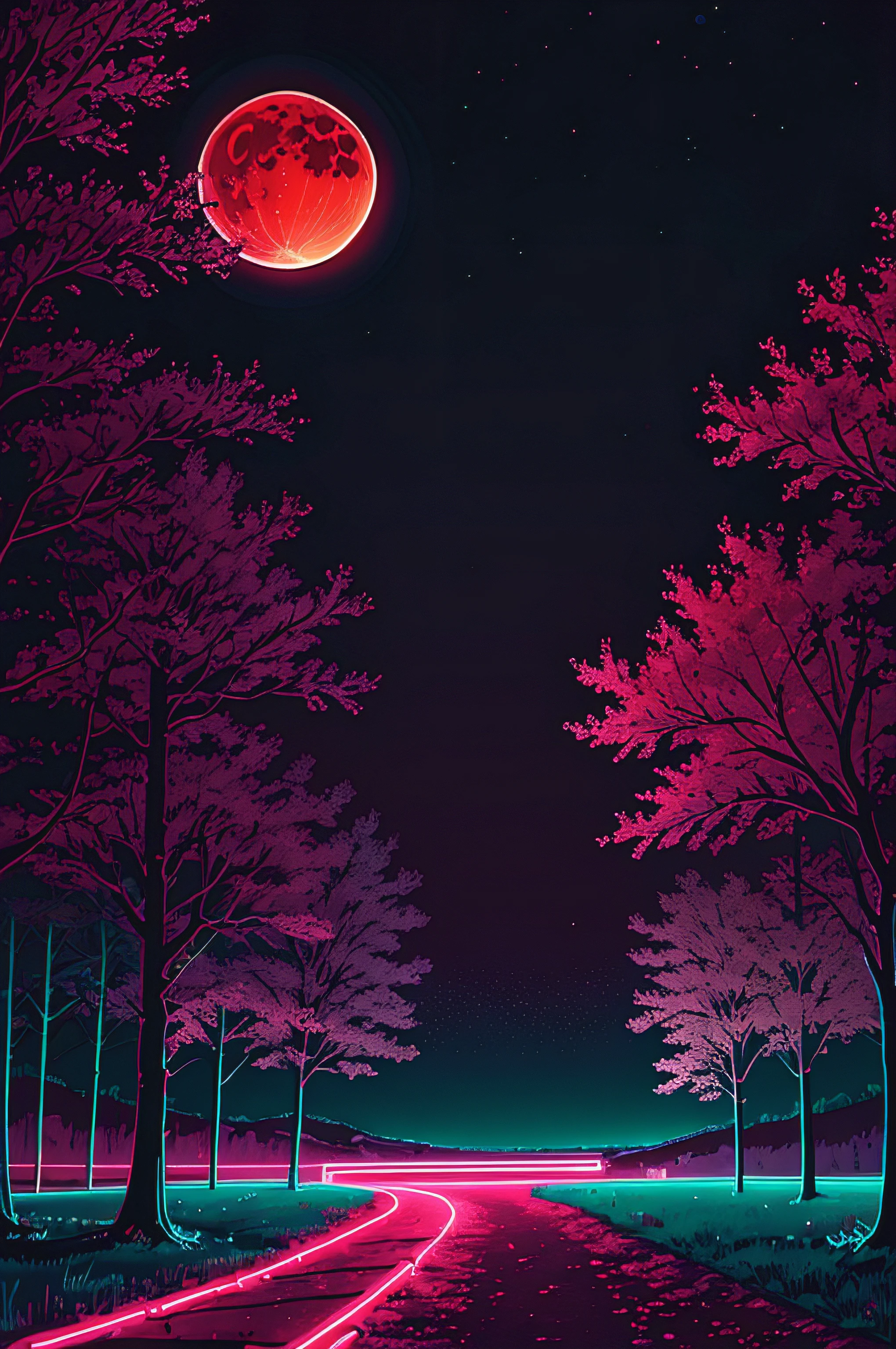 neon_outlines, landscape at night, bloodmoon, high saturation, vibrant colors