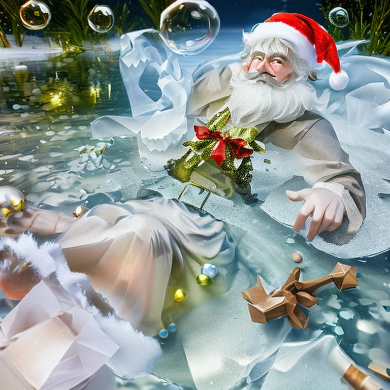 Create a 3D render image of bubbles floating on the surface of a clear water stream in a snowy field. The bubbles should form the shapes of a lovely Christmas tree with ornaments by stacking the bubbles up. The tree should be surrounded by Christmas presents.