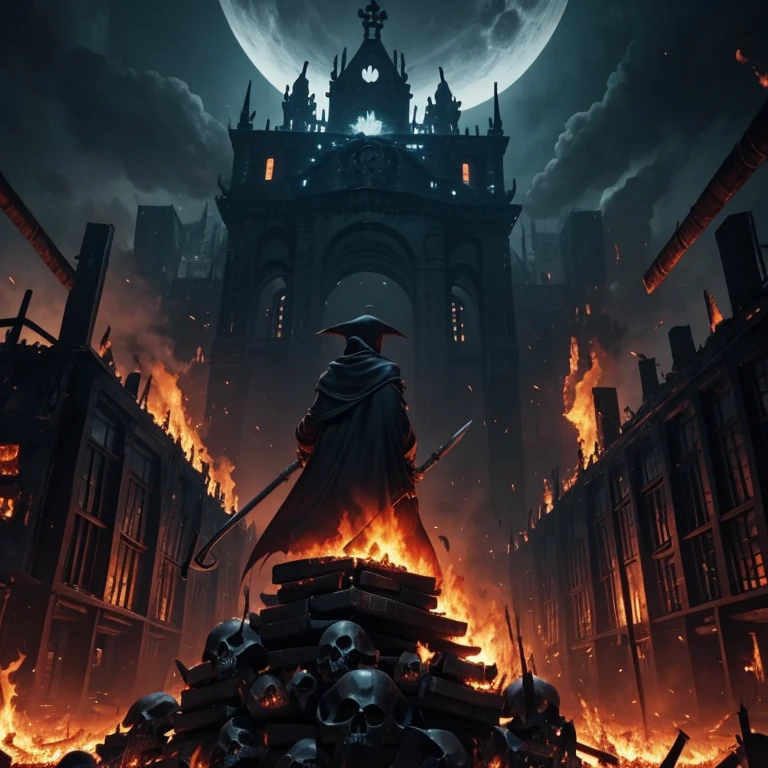 In the center a Grim reaper witch scythe on stacks of monster and human skulls, lots of flames in the backround, burning buildings at night.