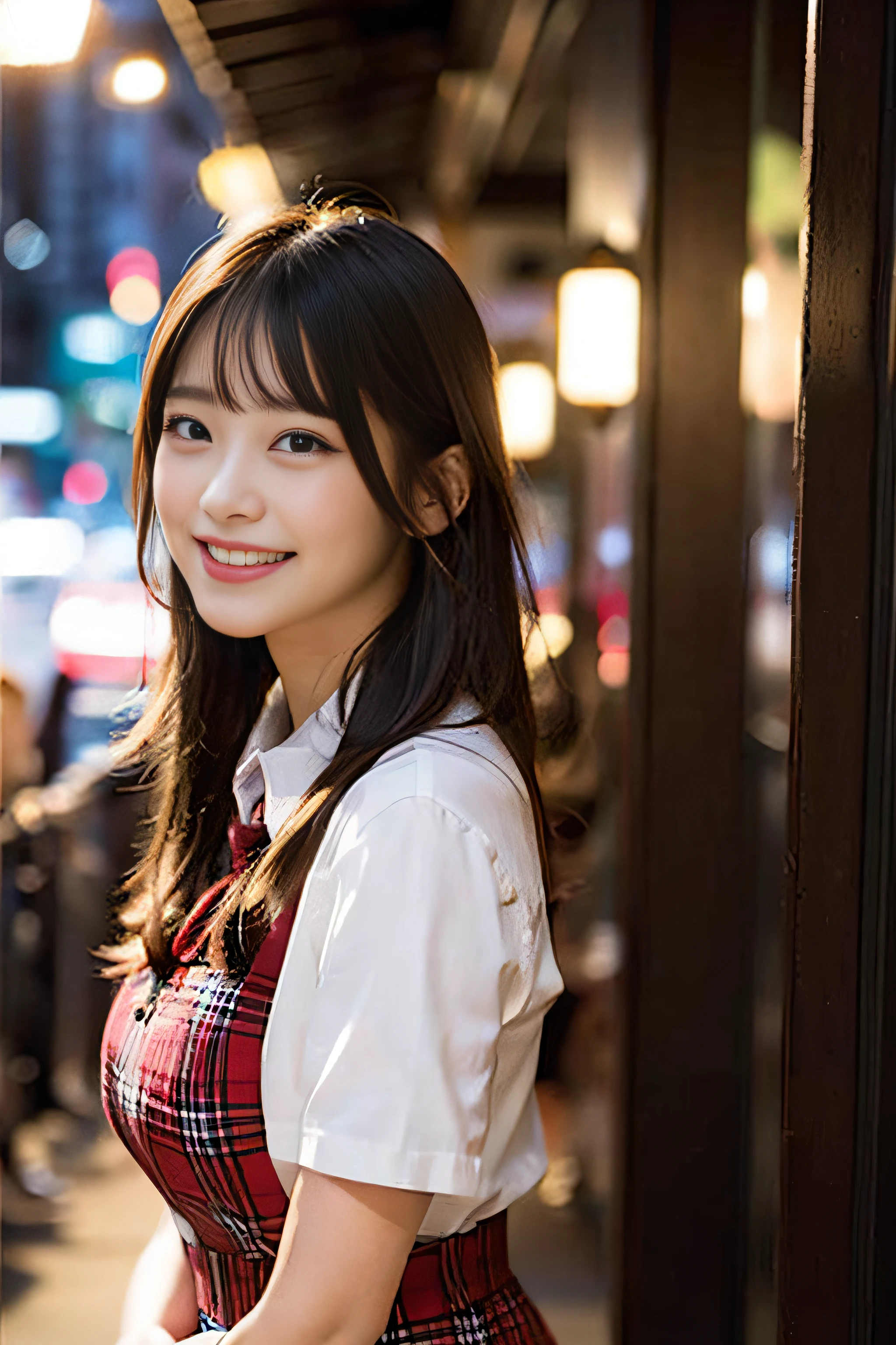 (8K、Raw photography、top-quality、​masterpiece:1.2)、(realisitic、Photorealsitic:1.37)、ultra-detailliert、超A high resolution、女の子1人、see the beholder、beautifull detailed face、A smile、Constriction、(Slim waist) :1.3)、Beautiful detailed skin、Skin Texture、Floating hair、Professional Lighting、Whole human body、Longhaire、white  shirt、shortsleeves、Red plaid skirt、Red plaid tie、Bob Hair、E-cup、Happy smile、sixteen years old、Red ribbons、a baby face、Childish smile、Suppin、Moisturizing lips、Light pink lips、High-rise condominiums、nighttime scene