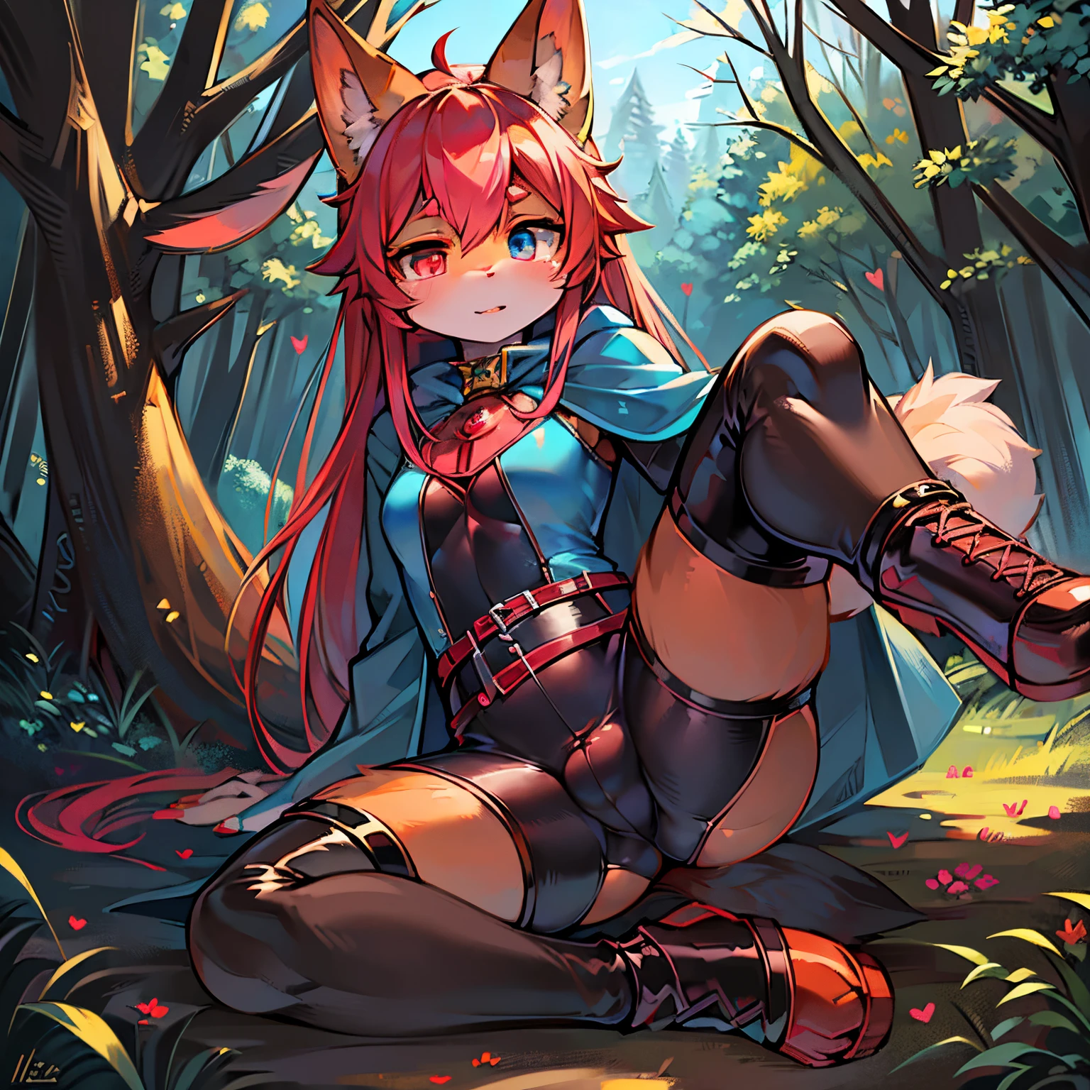 masterpiece,1girl, solo, kemono, furry, anthropomorphic rabbit, rabbit ears, cat tail, orange fur, furry arms, furry legs, furry body, orange skin, grey belly , red hair, ((heterochromia, (1pink eye, 1blue eye))), forest, sexy leather armor, revealing outfit, blue cloak