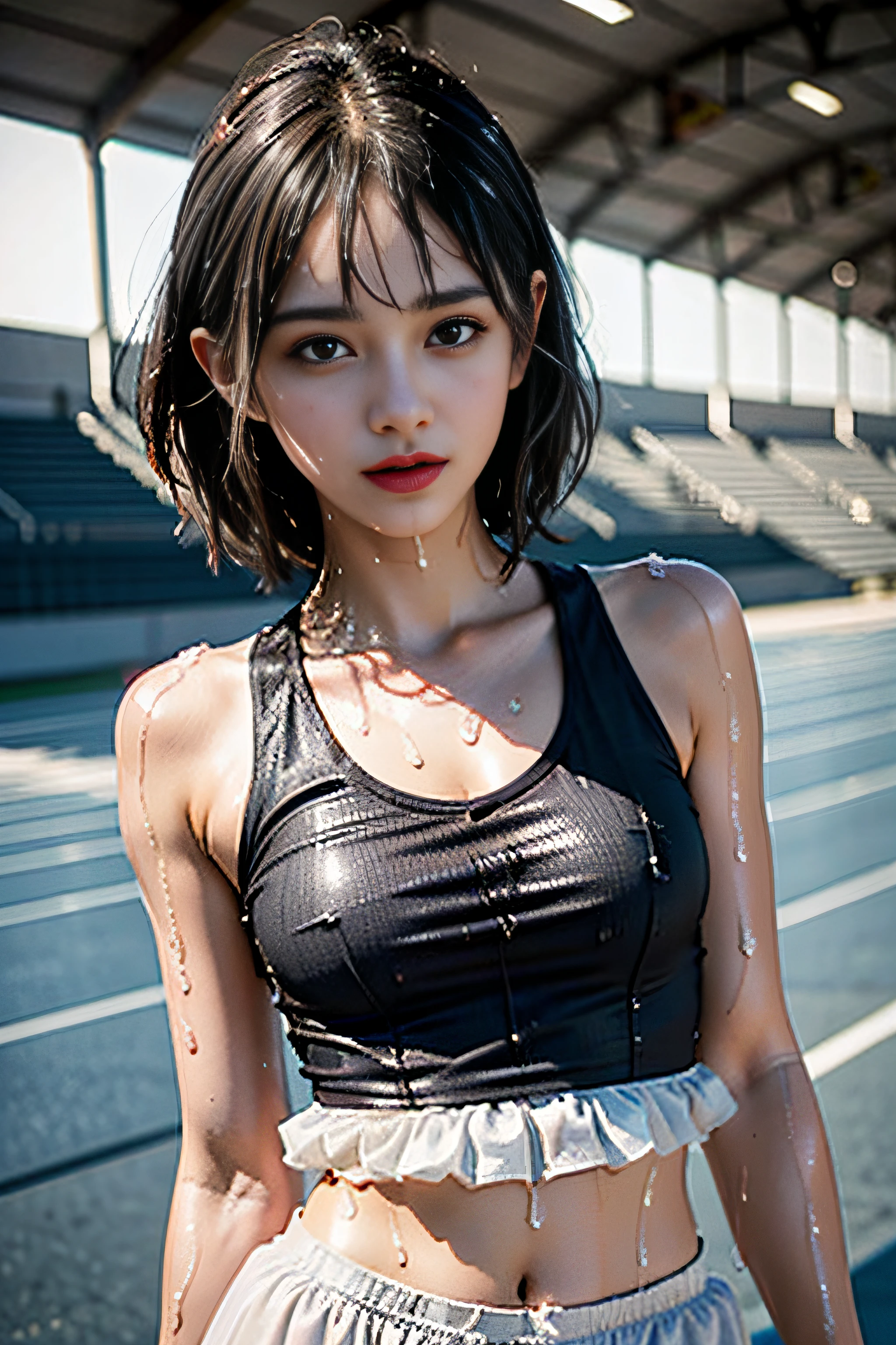 ((1 female: 1.5)), (anatomically correct proportions), (sexy proportionale attractive poses)), detailed face, detailed hair, detailed skin, (( Small face: 1.2)), (Light makeup), (Athletic body shape), Thin waist, (Large breasts), ((Short torso)), ((1 screen)), 8K, RAW shot, Highest quality , ((masterpiece)), realistic photo, shot above the knee, (cute face like a Japanese idol), 18-year-old beauty, (track stadium on a hot summer day: 1.5), sweating beautiful woman standing on the track, body shining with sweat: 1.5, (thin fabric see-through track and field uniform: 1.5), (sweaty uniform: 1.5), (short length tank top : 1.5), (track and field team uniform: 1.5), (body-fitting tank top: 1.5), (no bra: 1.5), (cleavage), ((nipple shadow: 1.5)), ((camel toe )), (Bloomers that fit the body with thin fabric: 1.5), (Bloomers are wet: 1.5), (Forehead sweat), (Wet bangs: 1.8), Satisfied expression after the race