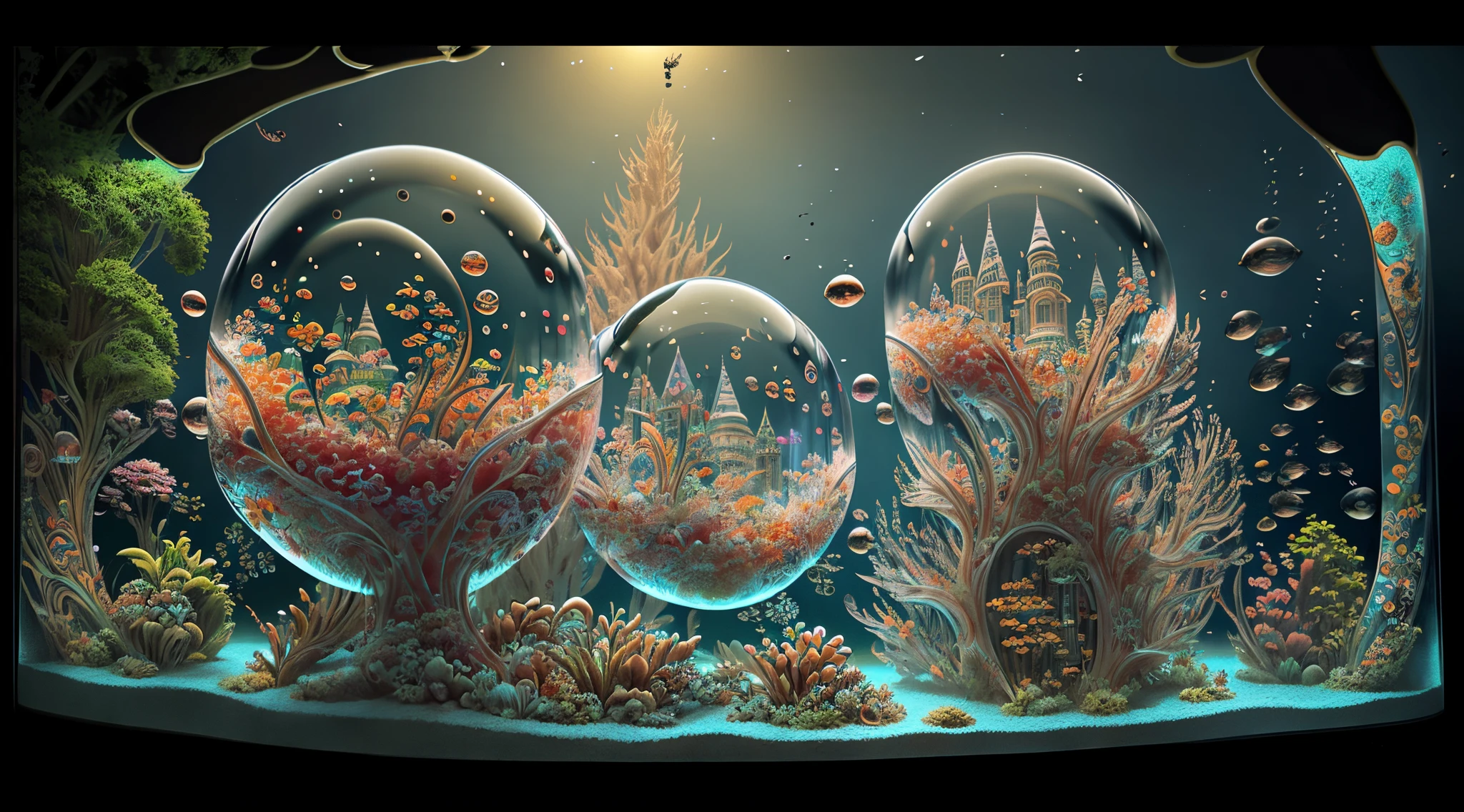 Fantasy concept art, a transparent building as a huge aquarium with fish at night, beautiful light decoration, wide angle lens, 8k octane rendering, realistic, epic shots, movie lighting, detailed architecture, detailed fish, brilliant and colorful