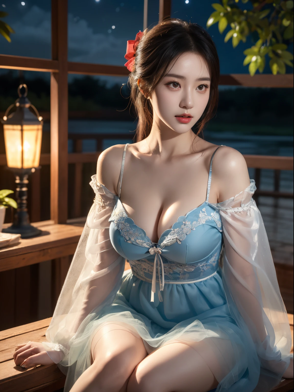 (award winning photography), (Photographed by Sony FE), (vibrant with colors), (Colorful), (offcial art), (8K分辨率), (super detailing), (Wallpapers), (Realisticstyle), (ctextured skin), (Anatomically correct), (winning artwork), (Best quality at best), (in summer), (closeup cleavage), (during night:1.4), 1 girl, 19years old, own, beautiful  detailed face, Eyes are bright, Long eyelashes, Blue bow hair ornament, (upper legs), wading, Sit on a branch, a lantern, dual horsetail, By bangs, (Delicate transparent tulle red dress), embroidery, Tulle lace, Gauze sleeves, (ta stylish style), Clean the skin, by Ross Drews, by sakimichan, full bodyesbian ,xianxia, fantasy art style, by rossdraws, Roth Painting Style 2.5, art jem style, author：Li Song, art jem style, Ross Painting Style 1.0, Very detailed ArtGerm style, [Night light], vibrant nebula sky,