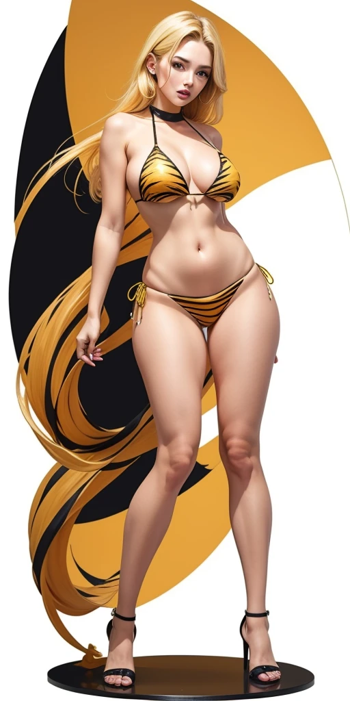 full body standing woman, yellow tiger bikini, white background, blonde