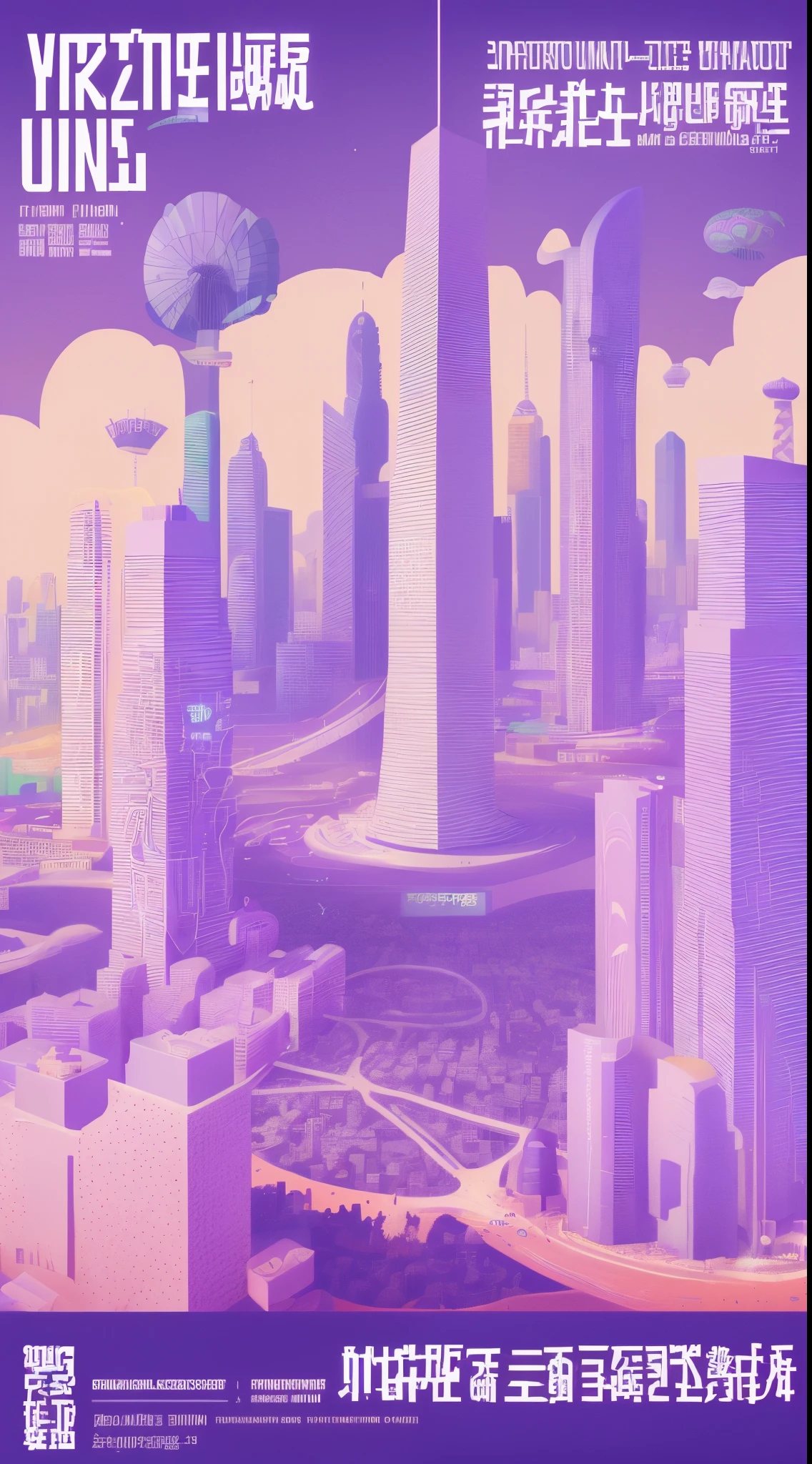 Make an invitation poster,Flat illustration style,Stunning typography design,Purple and white city skyline,There a Ferris wheel, purple future city, Vapor City, Tianjin, skyline showing, Tianjin, Tianjin City, backdrop, backdrop, skyline, Tianjin, illinois vaporwave, gta chinatown art style, inspired by Cheng Jiasui, skylines, in the background