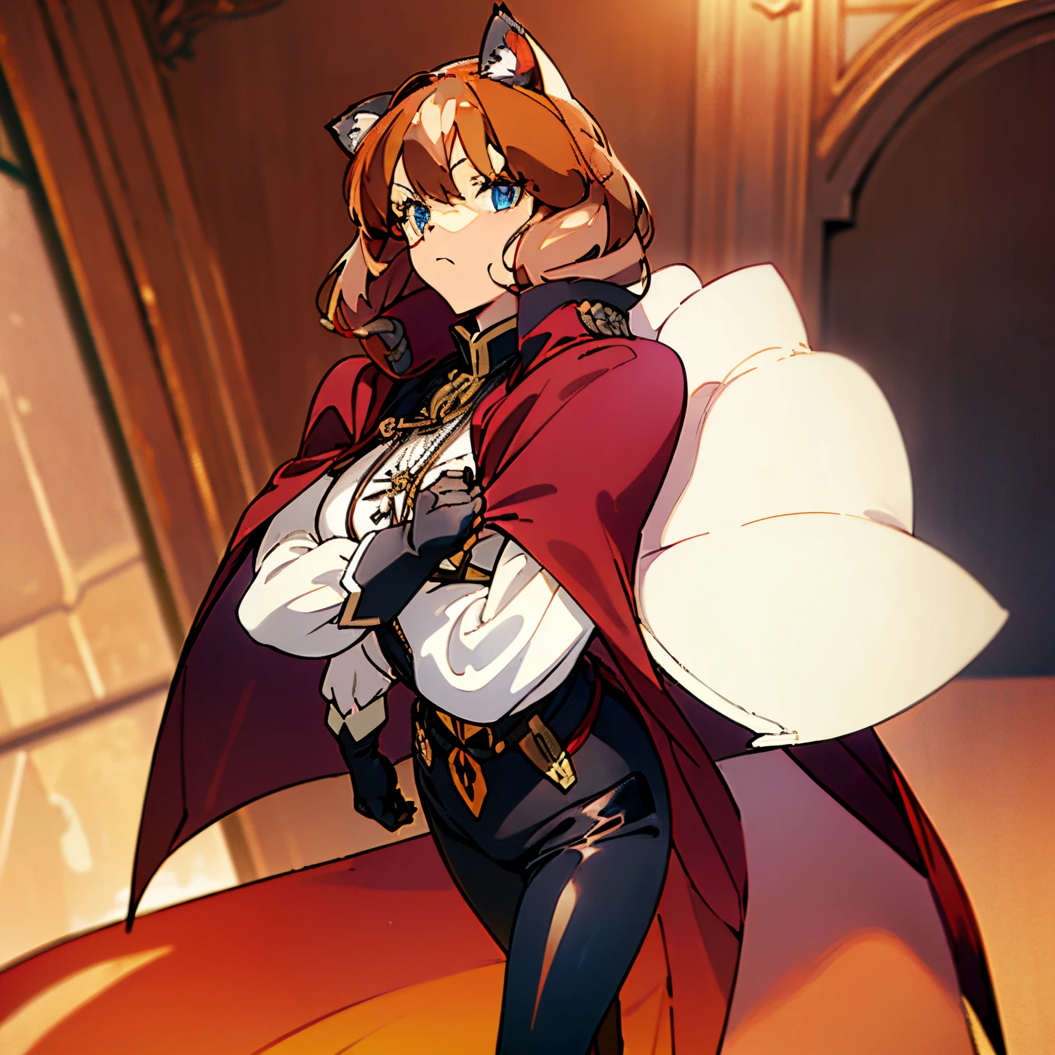 (cat girl:1.3))), ((( cat ears:1.2))), ((cat tail)), ((medium breasts)), ((squinting eyes)), ((closed mouth)), ((serious expression)), (((renaissance linen shirt))), ((renaissance)), ((tight leather pants)), (((brown:1.2 gloves))), ((closed shirt)), ((bob short hair)), ((wine color hair)), ((corset)), ((bright blue eyes)), ((serious expression)), ((high thigh boots)), ((Lineart)), ((castle background)), ((courtyard)), ((military uniform)), ((White shirt)), ((long sleeves)), ((looking at viewer)), ((wine colored hair)), (((mature female))), ((full body)), (((short cavalier cape:1.3))) (()), ((Mature Female)), ((Milf)), ((Mother)), Mature Female, Milf, Mother