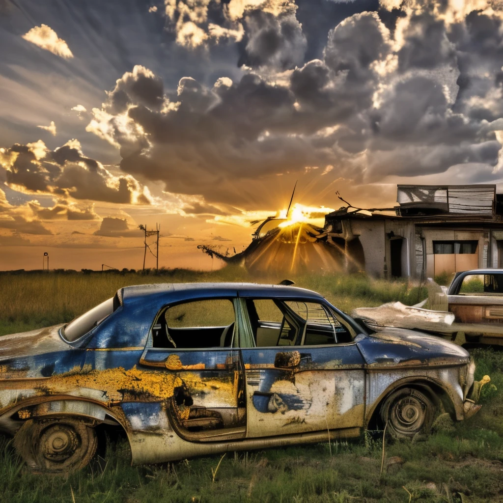 (best quality, HDR, ultra-detailed, realistic:1.37), a boy sitting on the abandoned car, post-apocalyptic, 3D abandoned city, destroyed buildings, car graveyard, abandoned cars, vegetation next to buildings, abandoned vehicles strewn and stacked, dramatic sunset. --auto --s2