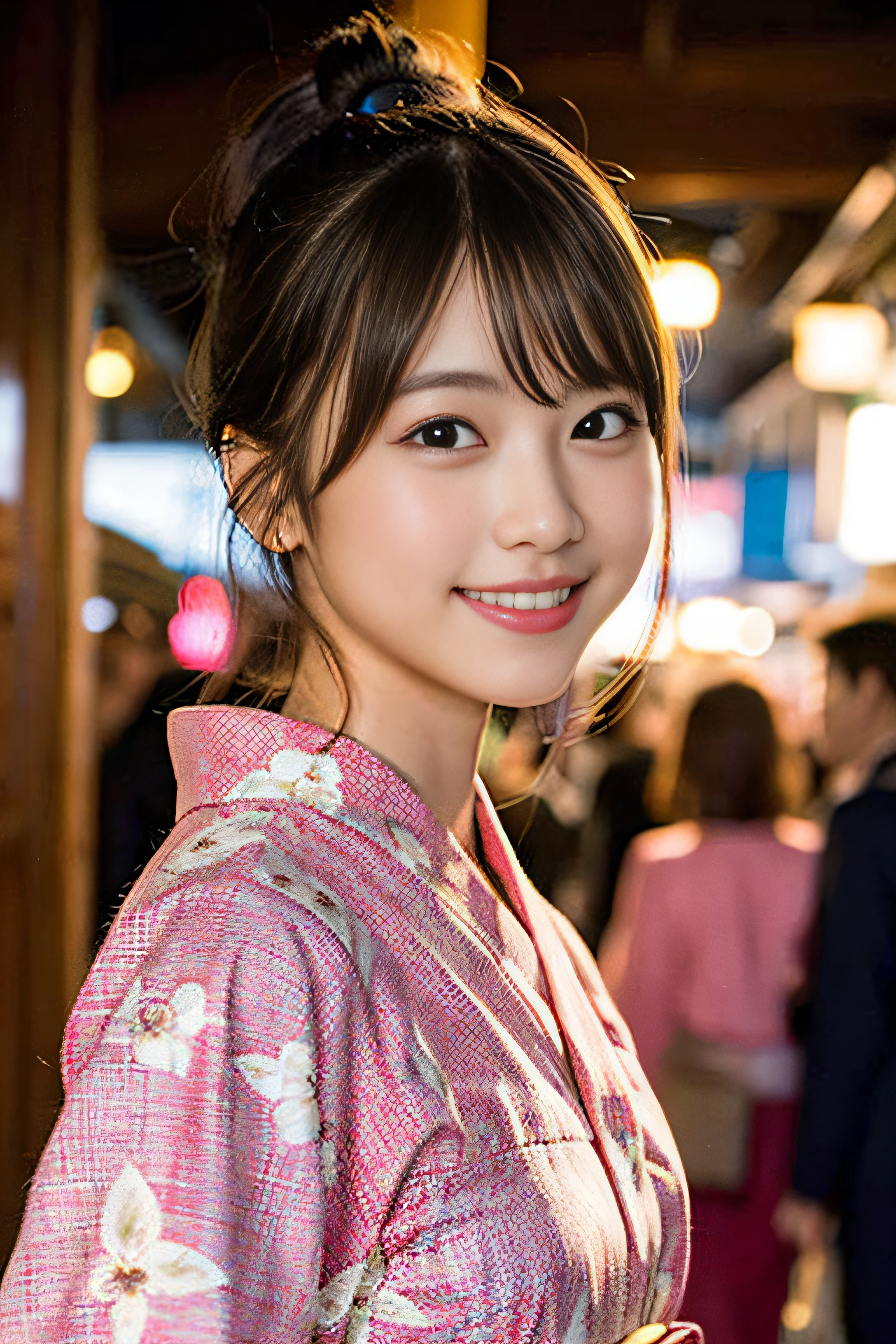 masterpiece, Highest quality,16K, Ultra-high resolution,The light and shadow of reality,((Enjoying a summer night festival in a long-sleeved pink floral yukata)),((The whole body is shown)),((Very skinny)),((Very slim and long beautiful thighs)),((Very slim and long beautiful calves)),((High nose、Small Mouth)),((Clean and slim face line)),((Big dark eyes with long eyelashes)),((Very small face))((Very slim and beautiful arms)),((She is very slim and has a great figure)),((Pure white beautiful skin)),((Cute Japanese Girls)),(Beautiful Eyes:1.1),Reflecting clear eyes and a gentle smile,