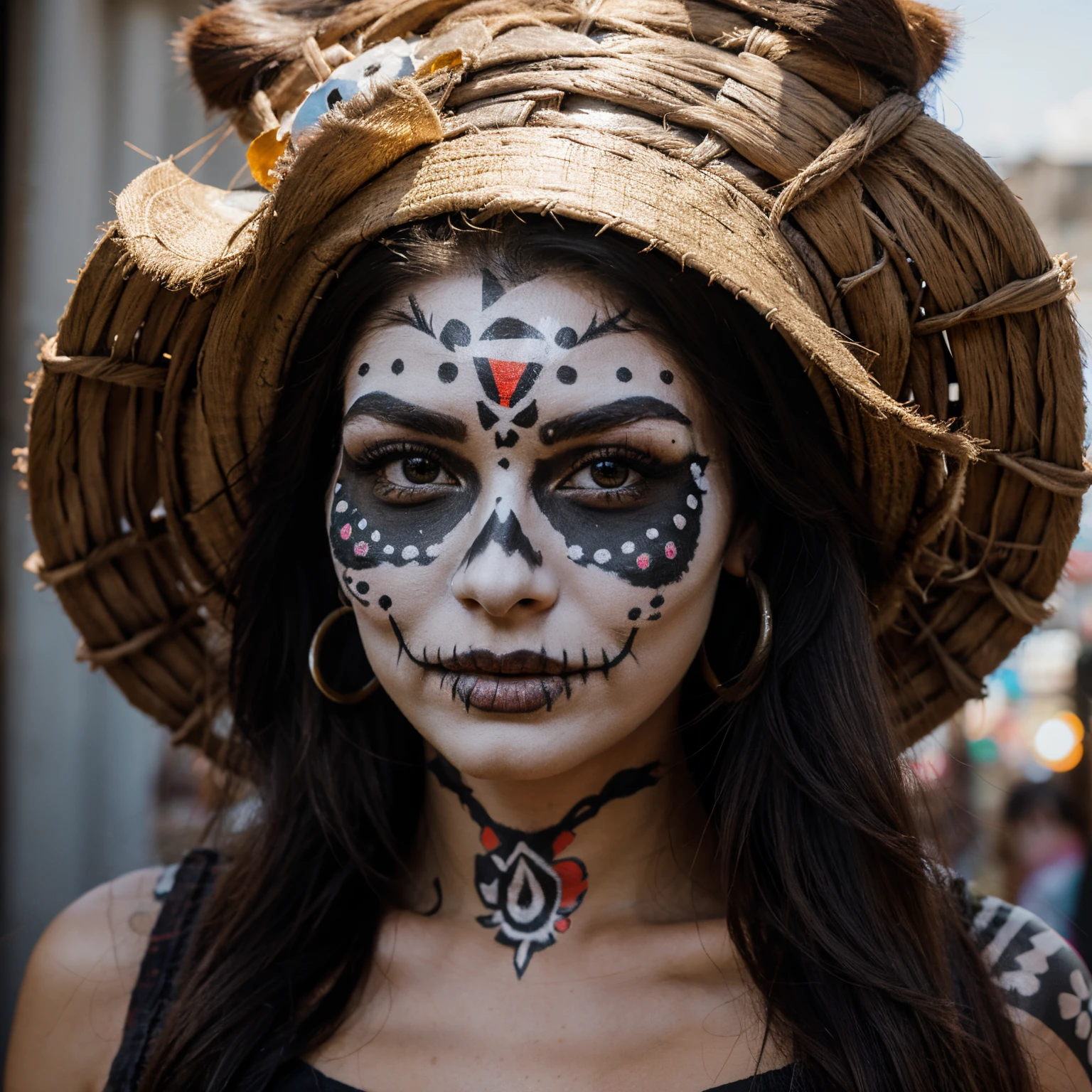 Aztec woman with face painted as a dia de los muertos skull
