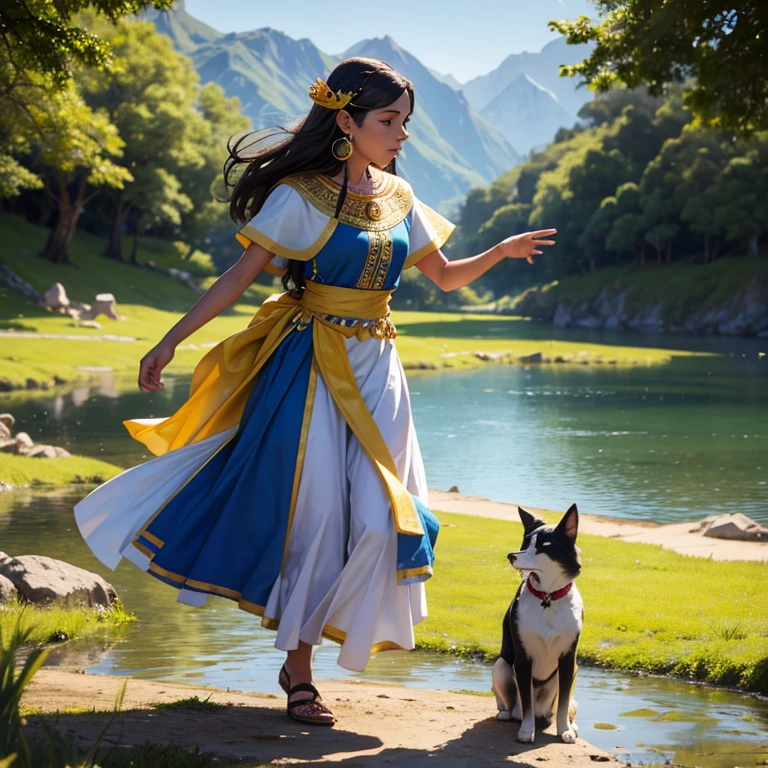 Princesa Inca saliendo de un lago sosteniendo una vara de oro con un sol