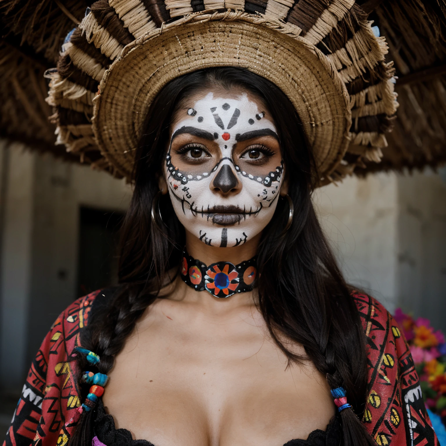 Aztec woman with face painted as a dia de los muertos skull