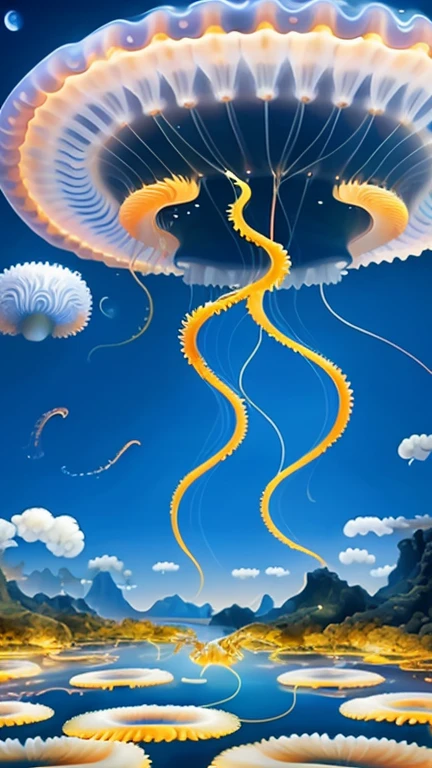 There a painting of jellyfish flying in the sky, jellyfish pheonix, jellyfish pheonix, emitting spore clouds, phoenix jellyfish, Jellyfish Phoenix Dragon, Giant squid fighting in the air, jellyfish fractal, jellyfish, space jellyfish, 8 intricate golden tentacles, jelly fish dancing, scientific depiction, parachutes, mind-bending digital art