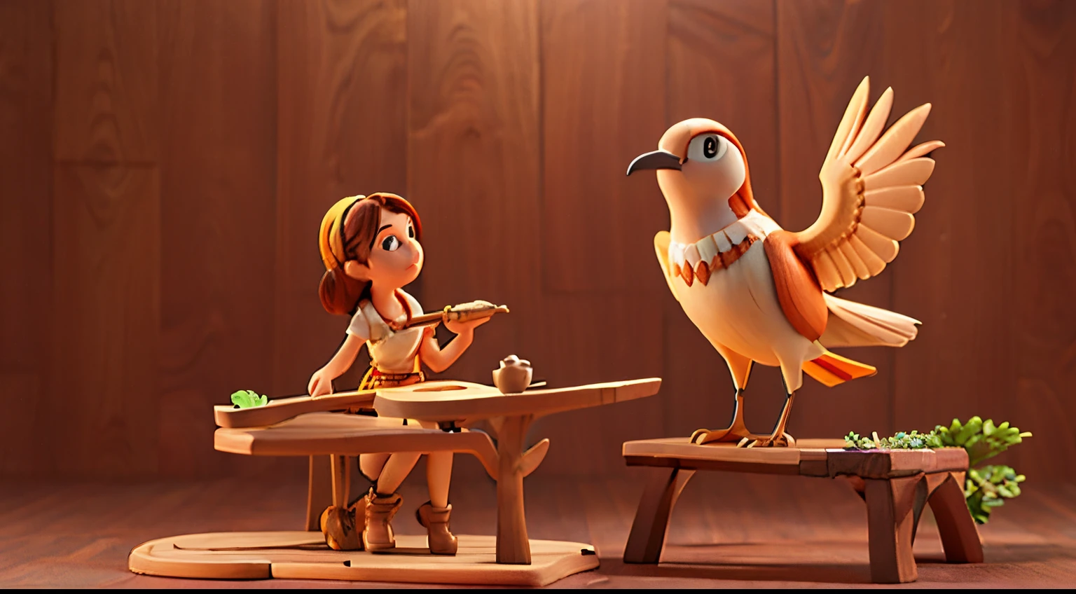 Young woman,wood carving master,carving a wood carving bird,disney pixar animation style
