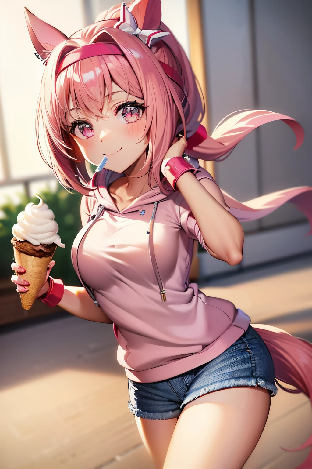 masuter piece, Best Quality, 超A high resolution, top-quality, Anime style, The best lighting, Beautiful face, Pink hair, Energetic girl, Looking at Viewer, Portrait, pink horse tail, Smiling cheerfully, (Background of Shibuya:1.2), running happily, The best lighting, The best smile, Face Close-up, (1girll:1.3), (White hoodie:1.4), (denim short pants:1.3), Eat soft-serve ice cream, Attach the headband