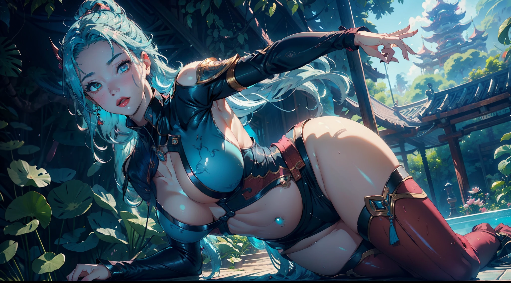 1female,(((solo))), 21 years old,,mature,plumw,extremely large bosom ,Pornographic exposure, 奏,(Background with:the rainforest,lotus flower,ponds,stunning view,with blue sky and white clouds) Keep hair long,laying underwater,seen from the front,(((cyan hair))), hair straight, mostly cloudy sky,(((tmasterpiece),(Very detailed CG unity 8K wallpaper),best qualtiy,cinmatic lighting,detailed back ground,beatiful detailed eyes,,Redlip(Very fine and beautiful),(Beautiful and detailed eye description),ultra - detailed,tmasterpiece,)),facing at camera,A high resolution,ultra - detailed),revealing breastare genitalia, Bulge,legs are open,Raised sexy,Camel toelushed complexion,Open-mouthed,frontage,Mongol cavalry,(Wearing:cyan capelet,Armour,Bare lower body,Bare breastare ,pink and black color scheme,Hanfu,Iron Man Mech),